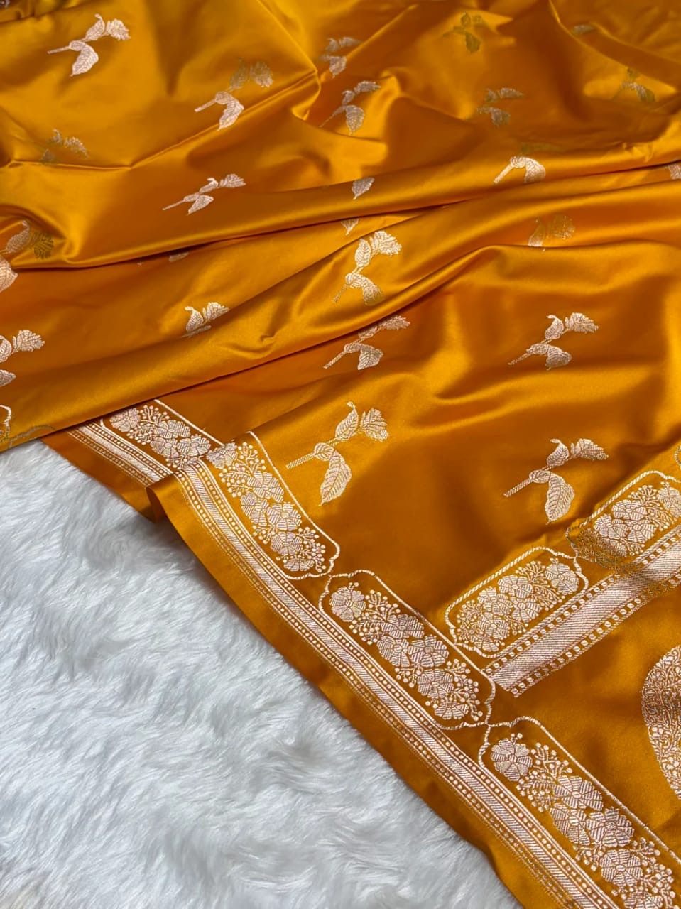 Banarasi Mashru Kataan Silk Saree Featuring Flower Buta Design with Ikkat Border and Zari Pallu – MKS409
