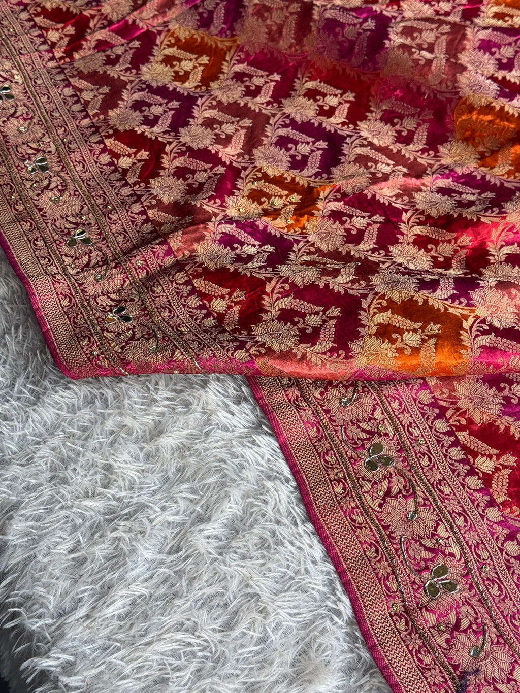 Multicolour Modal Saatan Silk Banarasi Saree with Rangkaat Zari Weaving & Handwork | MKS775