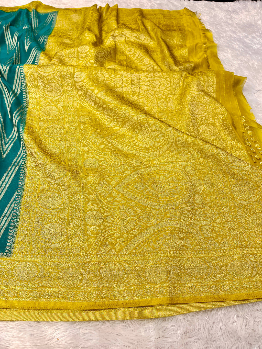 Chinon Silk Zig Zag Design Sea green with yellow Color Saree CN09