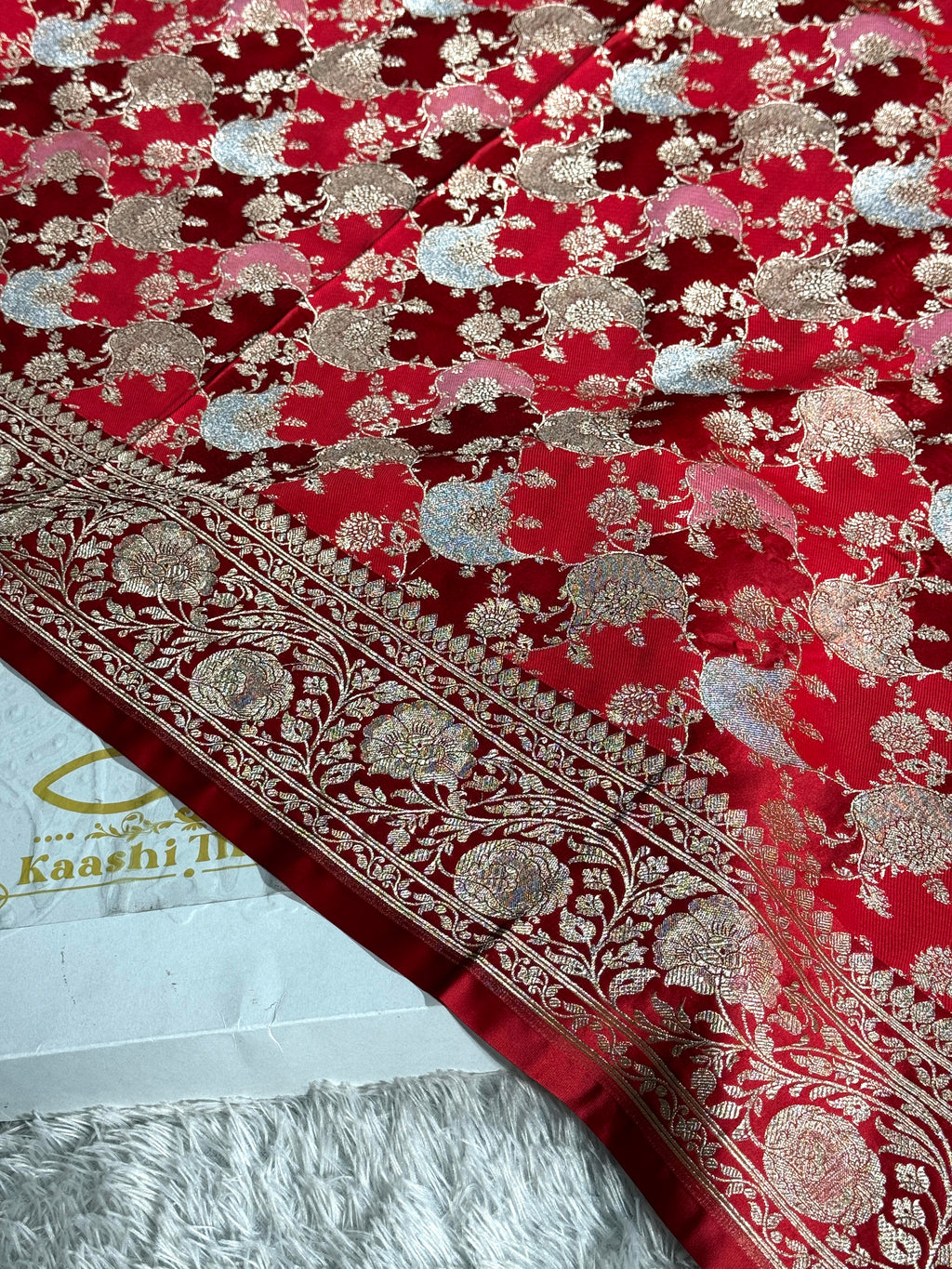 Cherish Red Mashru Kataan Silk Saree with Rangkaat Jaal Weaving & Silver Zari Meenakari Work | Rich Zari Pallu | MKS622