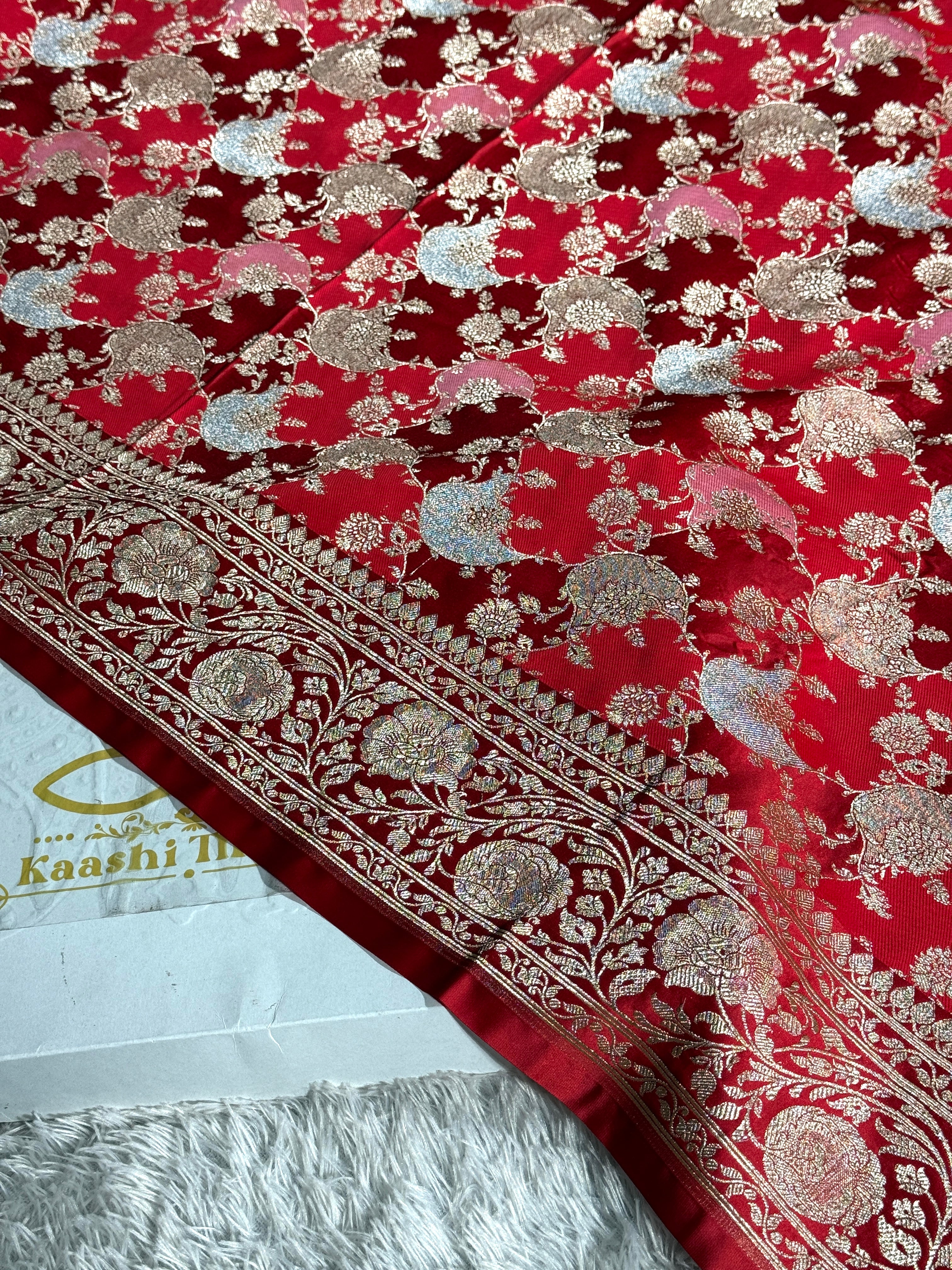 Cherish Red Mashru Kataan Silk Saree with Rangkaat Jaal Weaving & Silver Zari Meenakari Work | Rich Zari Pallu | MKS622