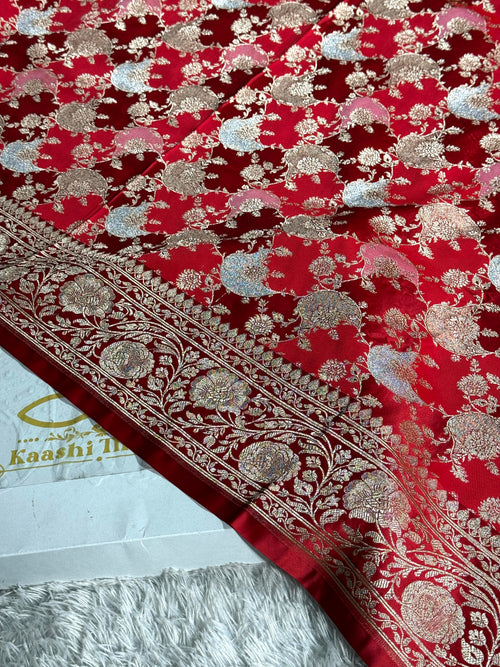 Cherish Red Mashru Kataan Silk Saree with Rangkaat Jaal Weaving & Silver Zari Meenakari Work | Rich Zari Pallu | MKS622