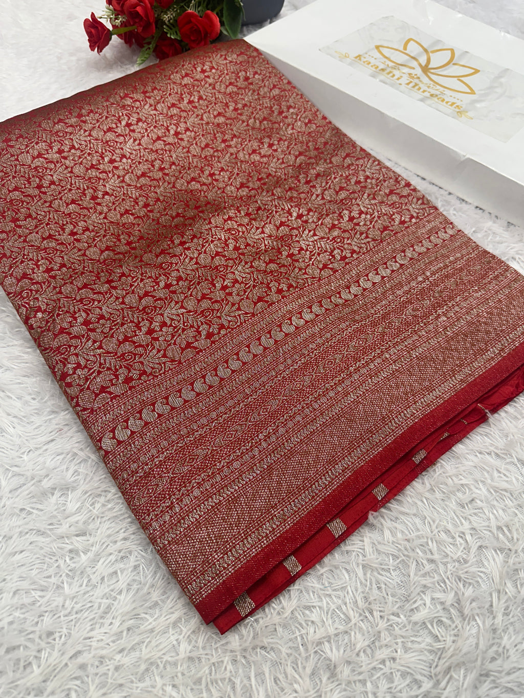 Red Banarasi Dupion Silk Saree with Embossed Antique Zari Weaving & Rich Antique Zari Pallu | STF85