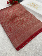 Red Banarasi Dupion Silk Saree with Embossed Antique Zari Weaving & Rich Antique Zari Pallu | STF85