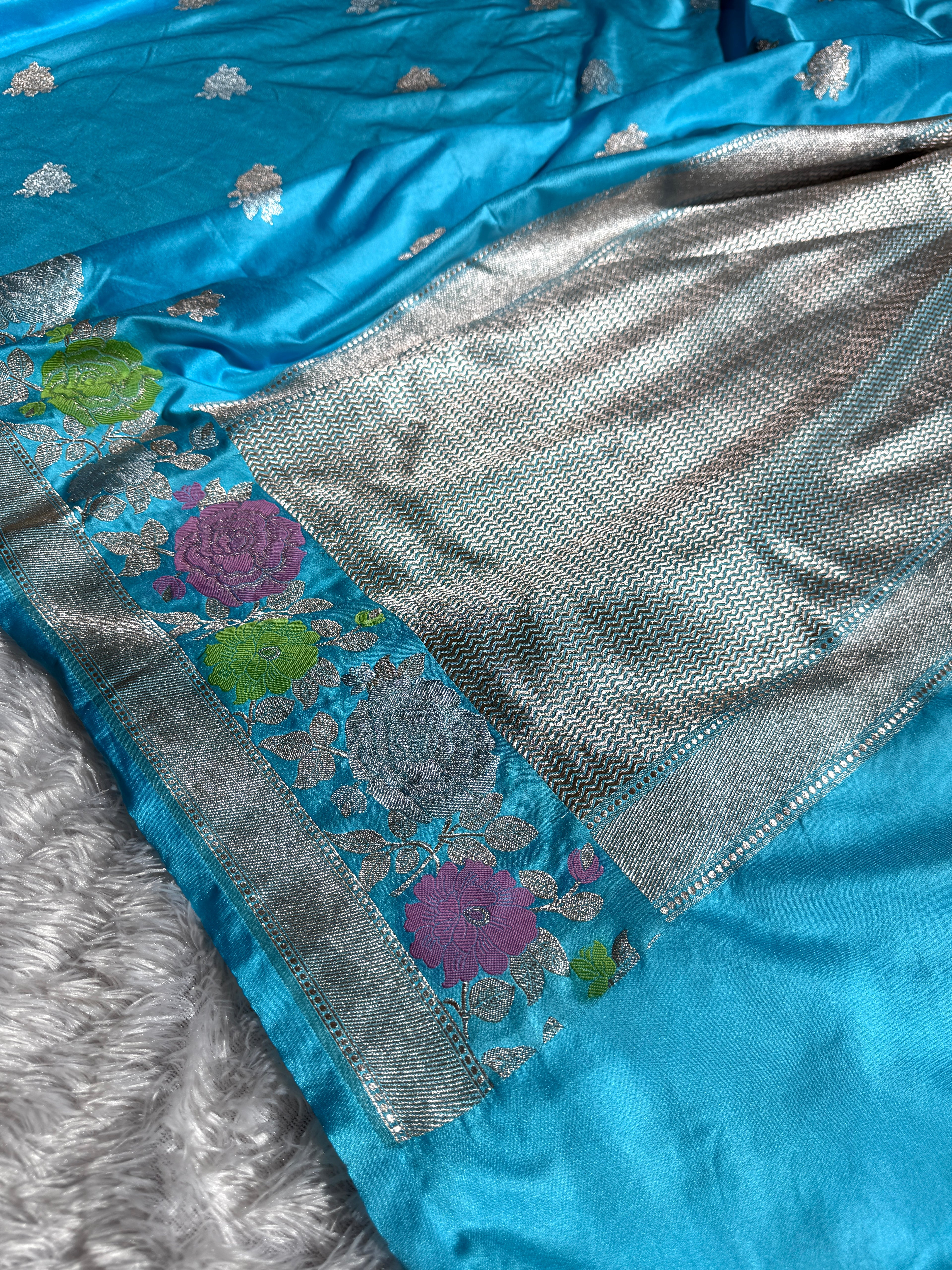 Mashru Kataan Firozi Color Saree in Meenakari Pattern MSK02