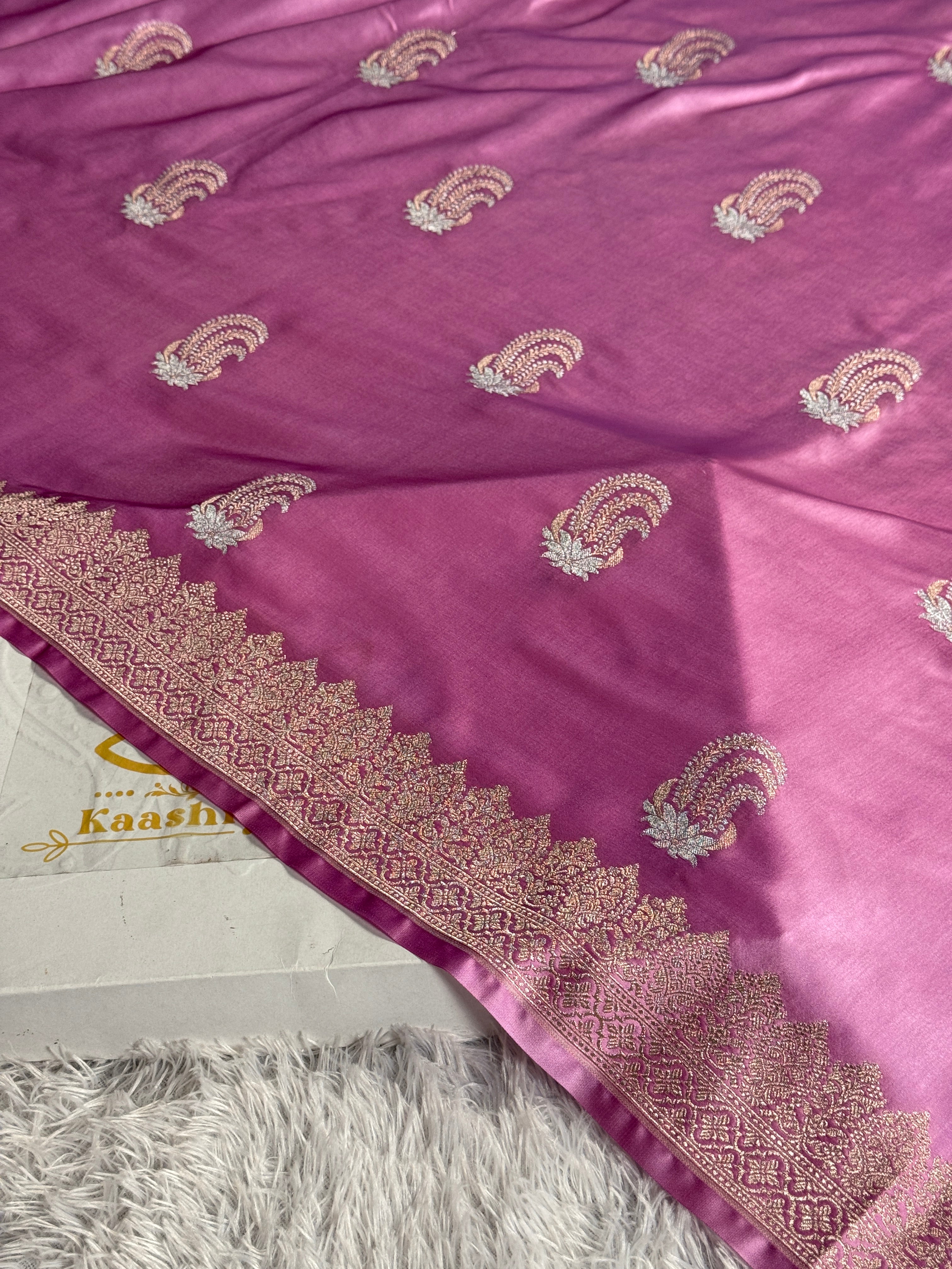 Pink Gajri Mashru Kataan Silk Saree with Meenakari Buta & Rich Zari Woven Pallu | MKS699