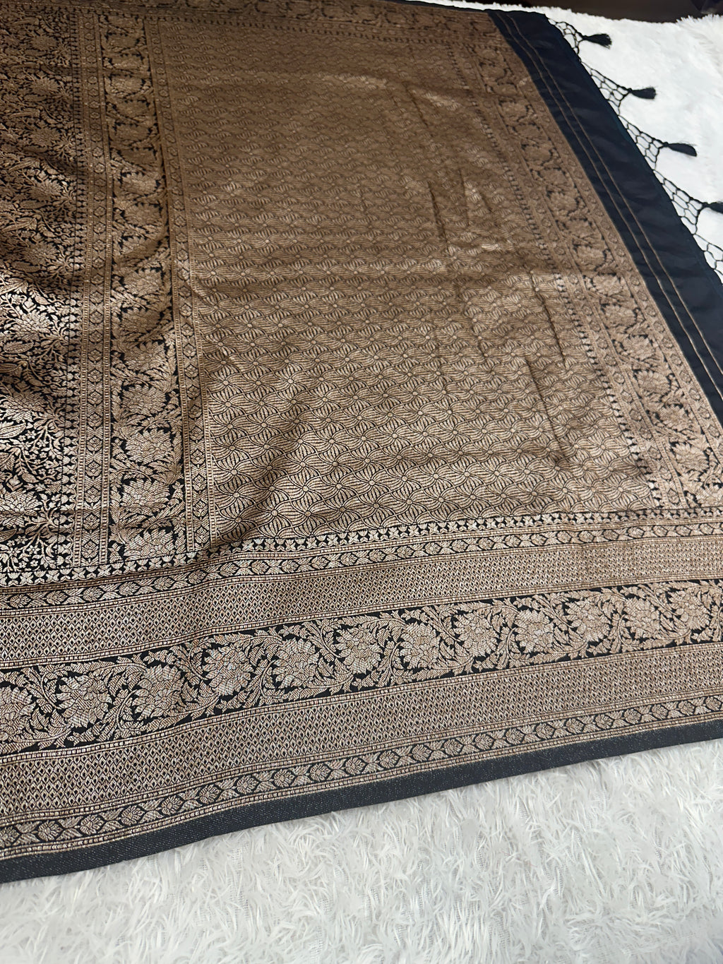 Black Maroon Banarasi Dupion Silk Saree with Embossed Antique Zari Weaving & Rich Antique Zari Pallu | STF104