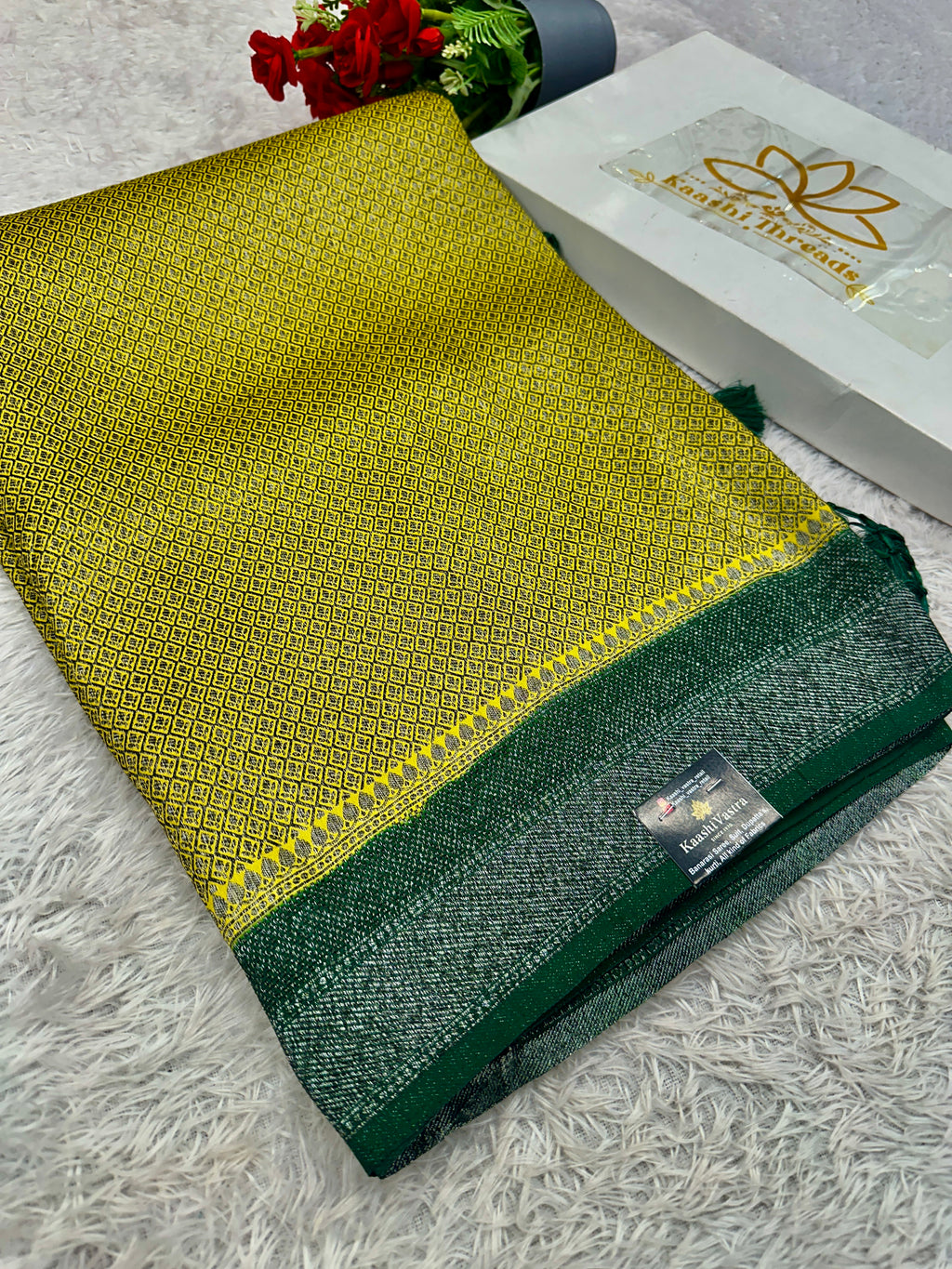 STF42 – Radiant Lemon Yellow Dupion Saree with Silver-Black Antique Zari Weaving