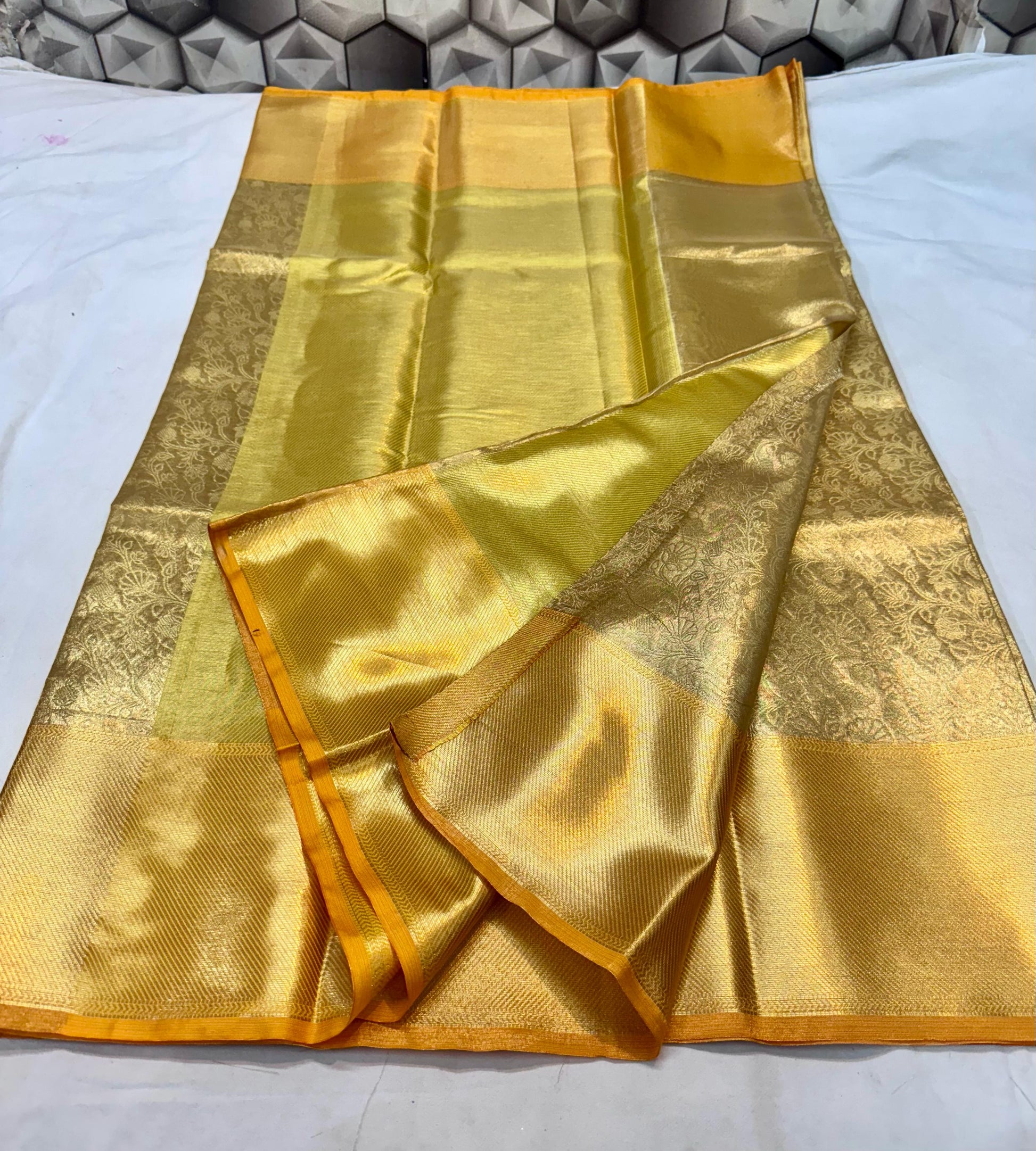 Golden Ambossed Tissue Silk Saree TS116