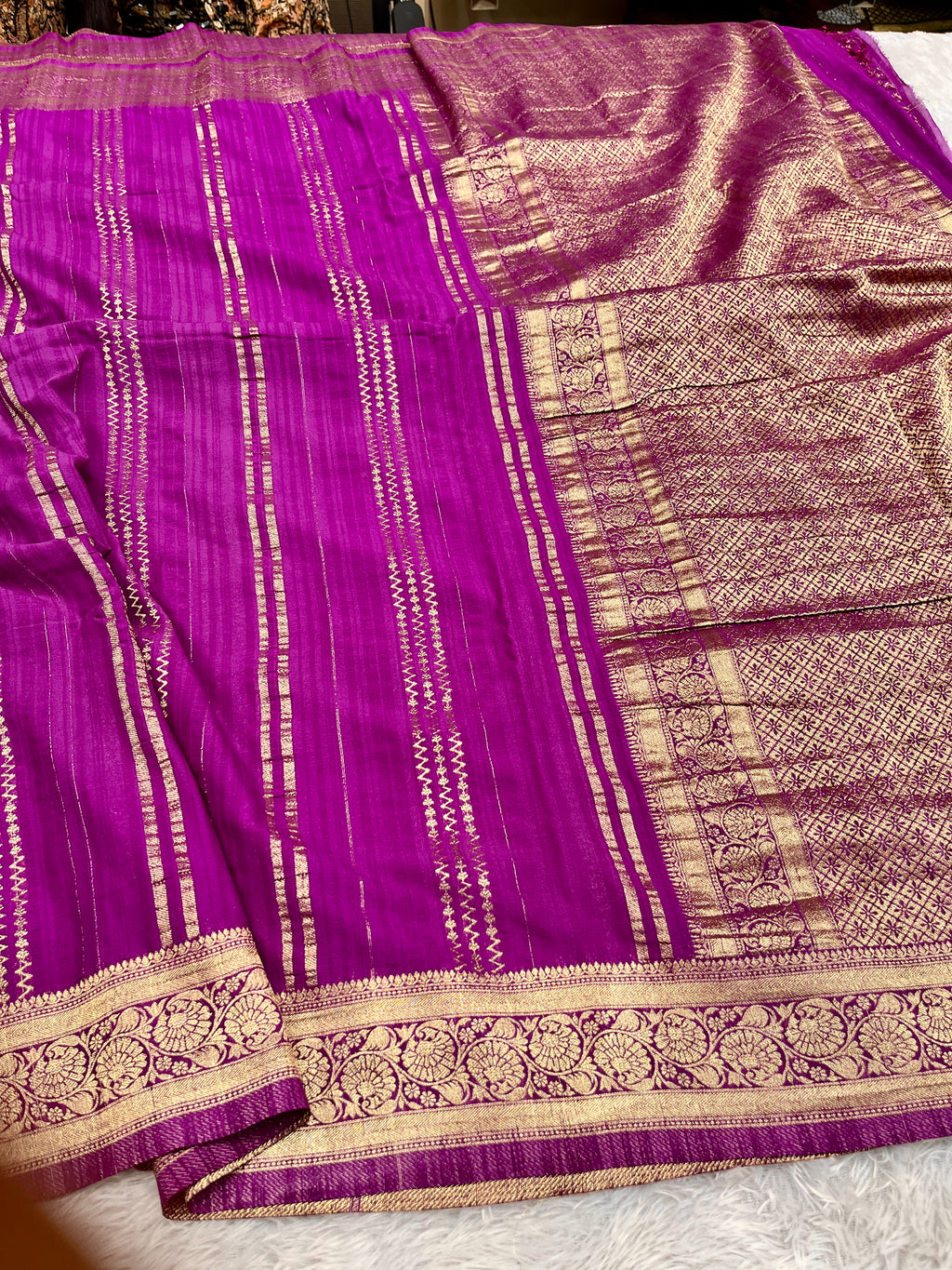 Raw Silk Zari Lining Magenta color  Saree RS003