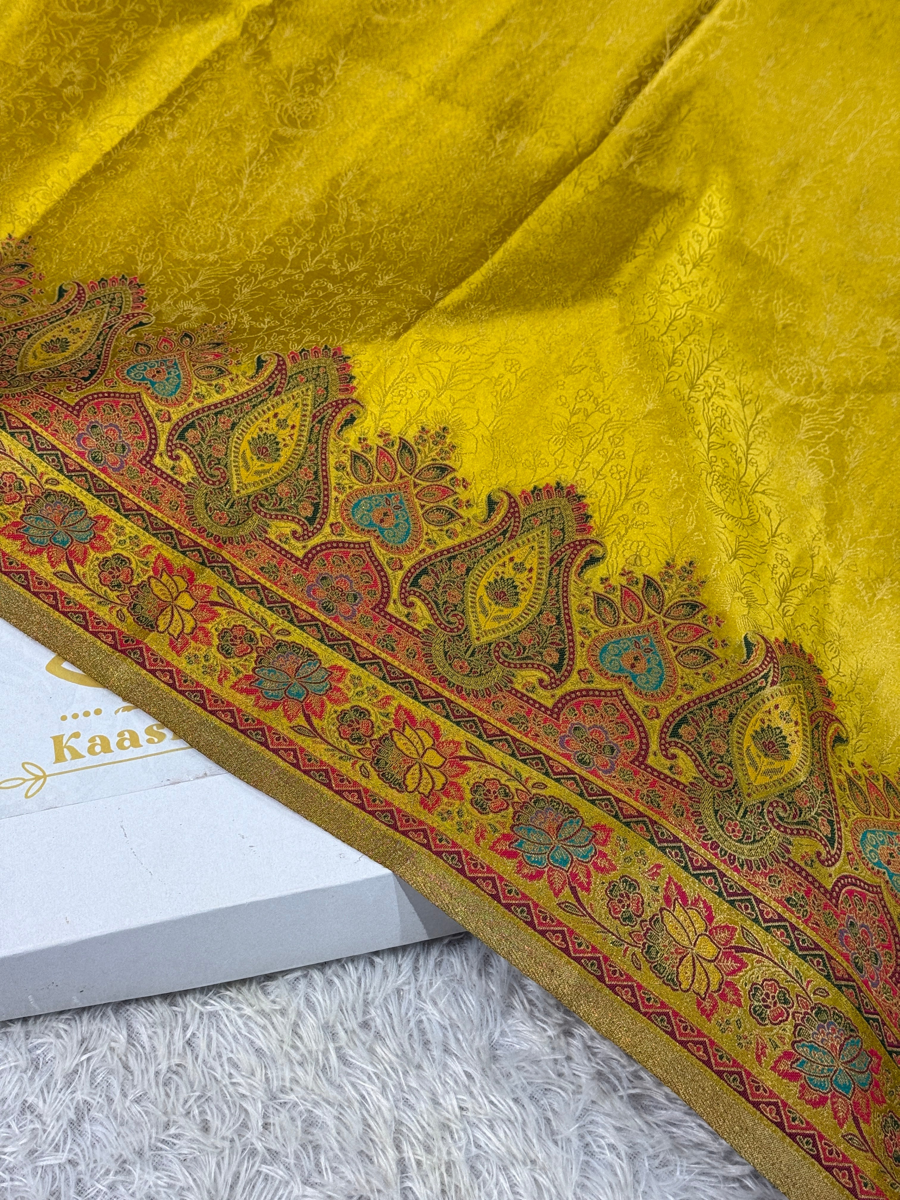🍋 Lemon Yellow Embossed Kanchi Tissue Soft Silk Saree with Tilfi Meenakari Pallu & Border MKS401