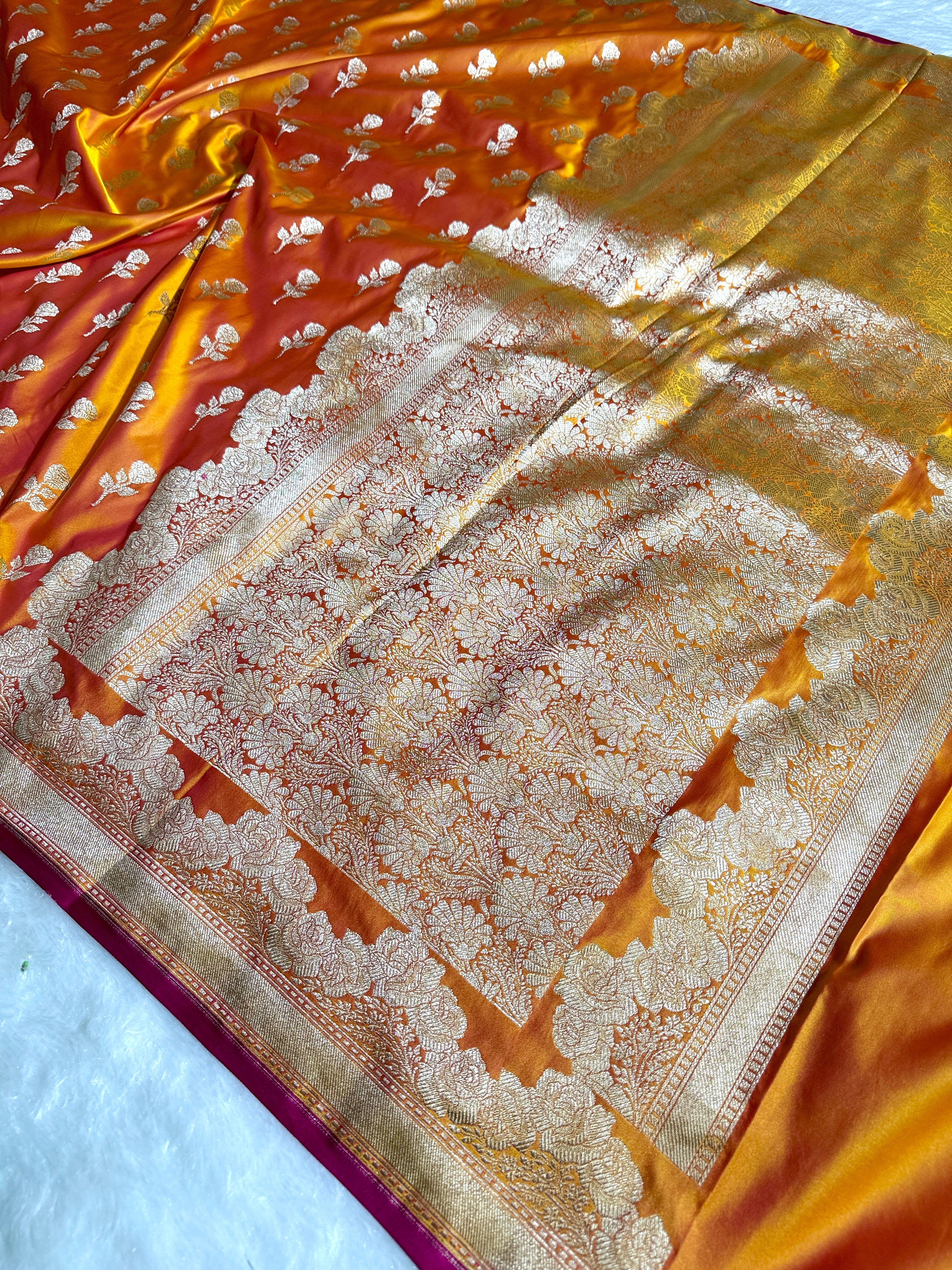 Mustard Banarasi Mashru Silk Saree with Jacquard Woven Flower Buta & Rupa Sona Zari Detailing MKS087