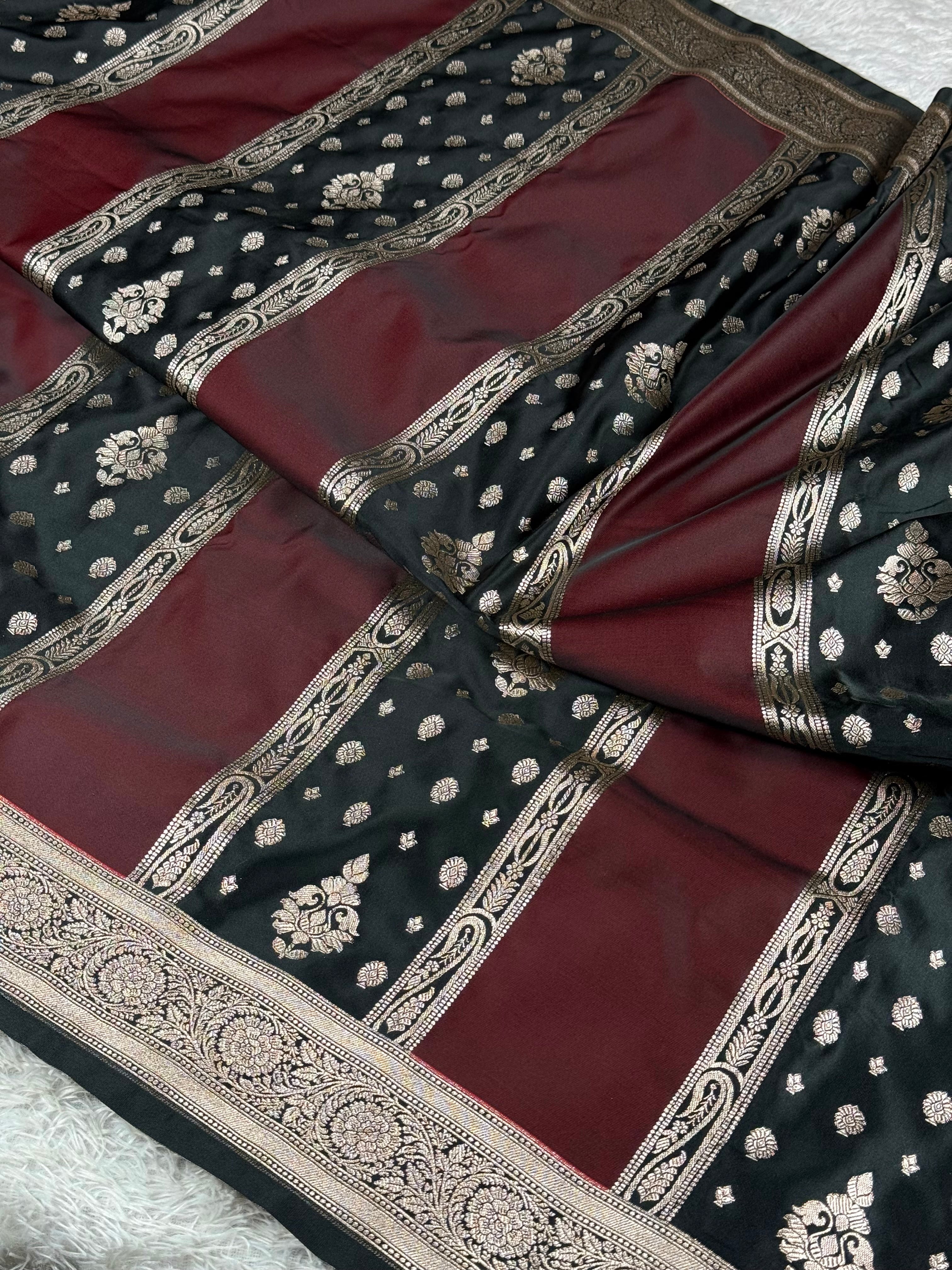Designer Wine & Black Rangkat Mashru Kataan Silk Banarasi Saree – MKS673