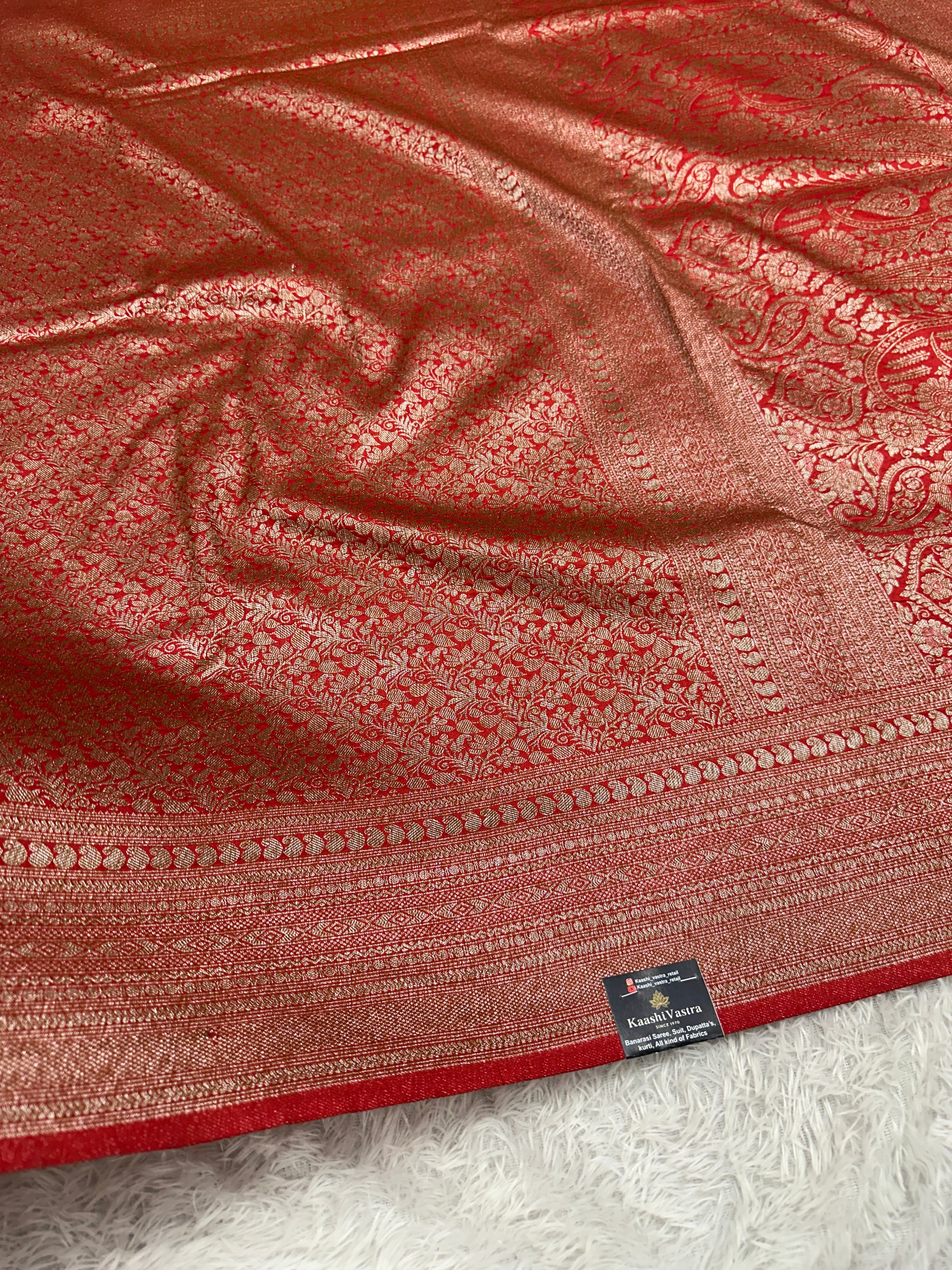 Red Banarasi Dupion Silk Saree with Embossed Antique Zari Weaving & Rich Antique Zari Pallu | STF85