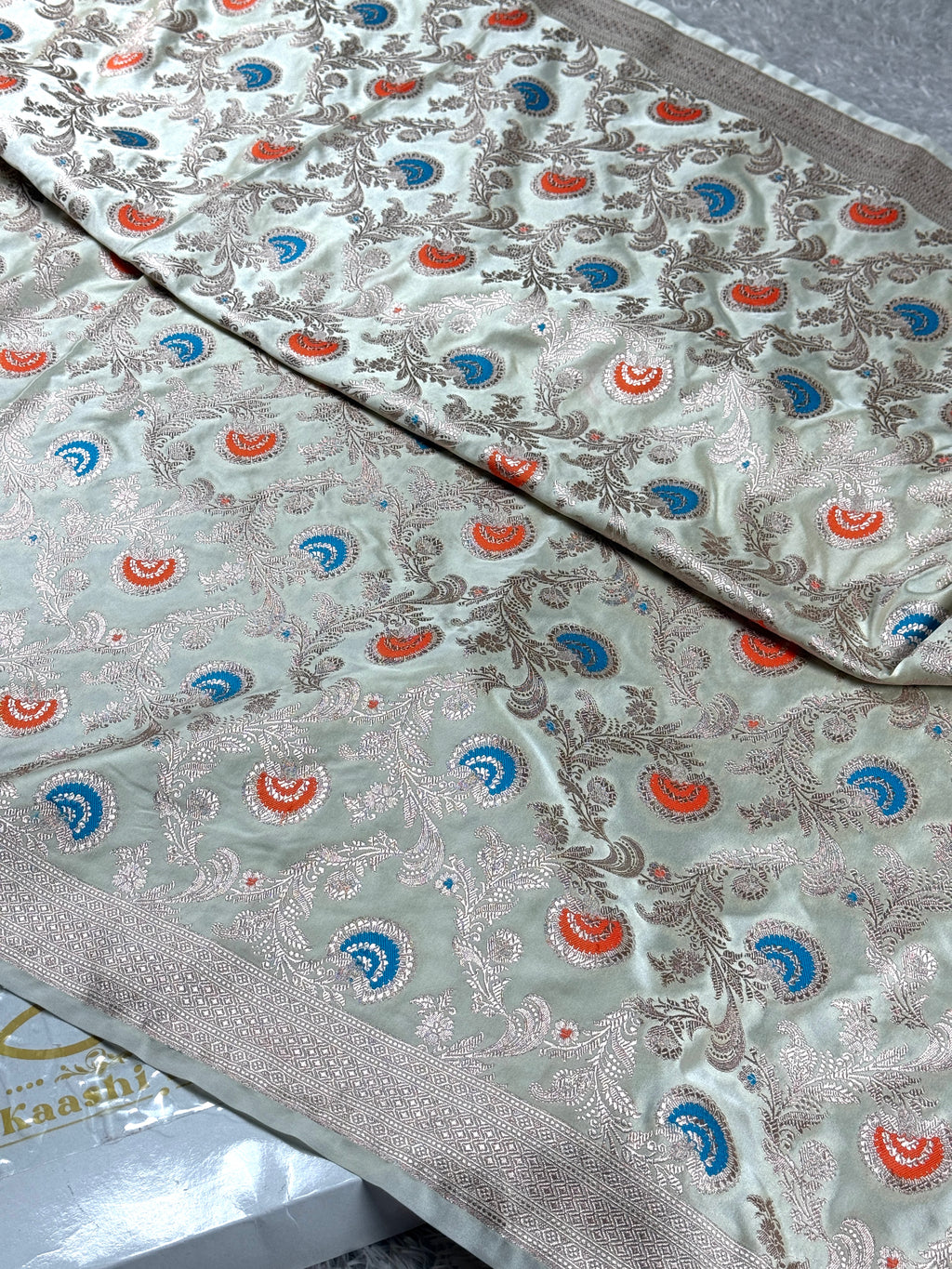 Elegant Pista Cream Mashru Kataan Saree with Meenakari Jaal Work MKS601
