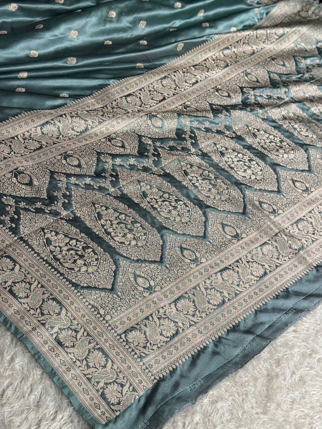 Grey Mashru Kataan Silk Saree with Elegant Buta Woven Design & Rich Zari Pallu | MKS817
