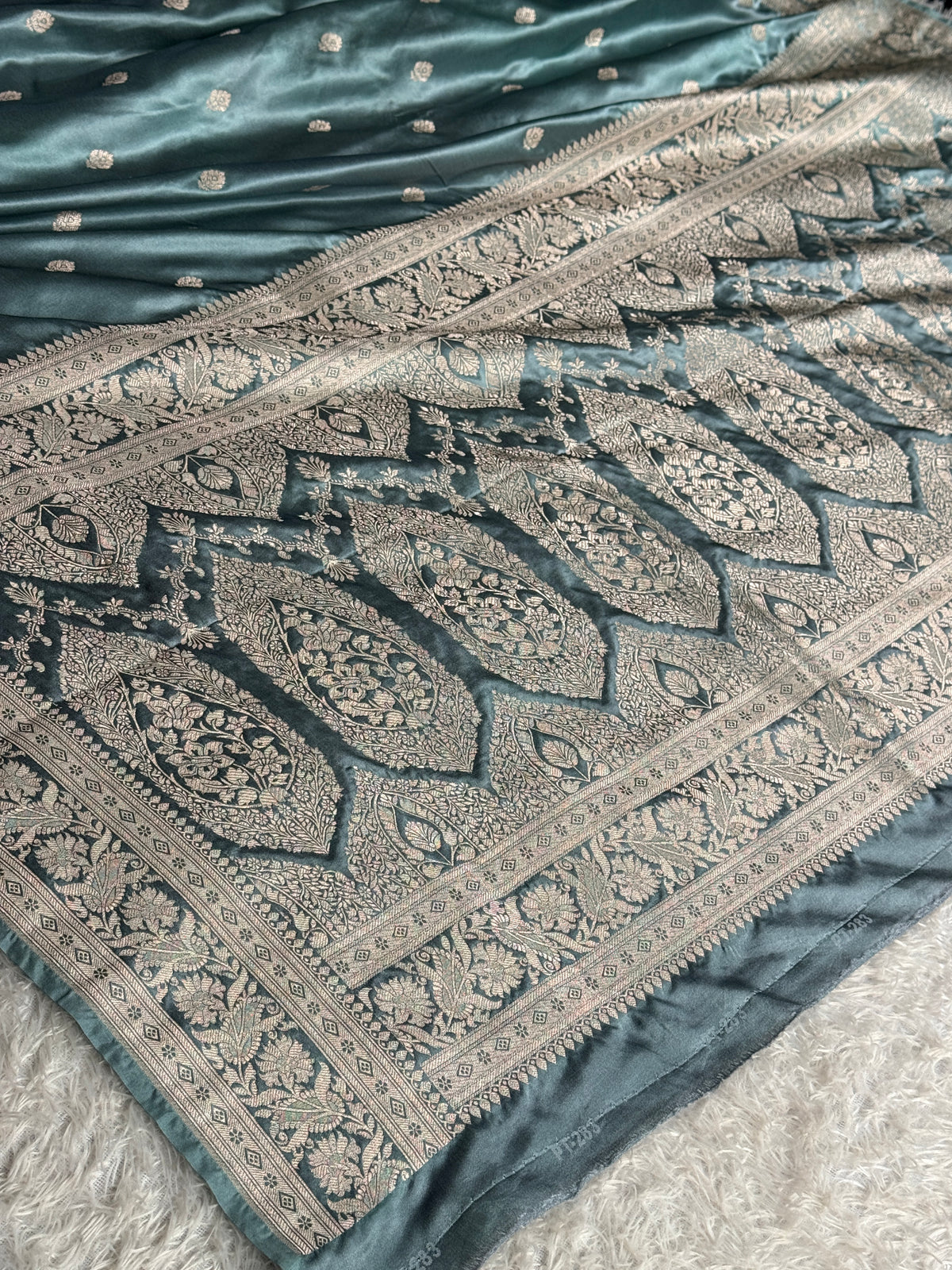 Grey Mashru Kataan Silk Saree with Elegant Buta Woven Design & Rich Zari Pallu | MKS817