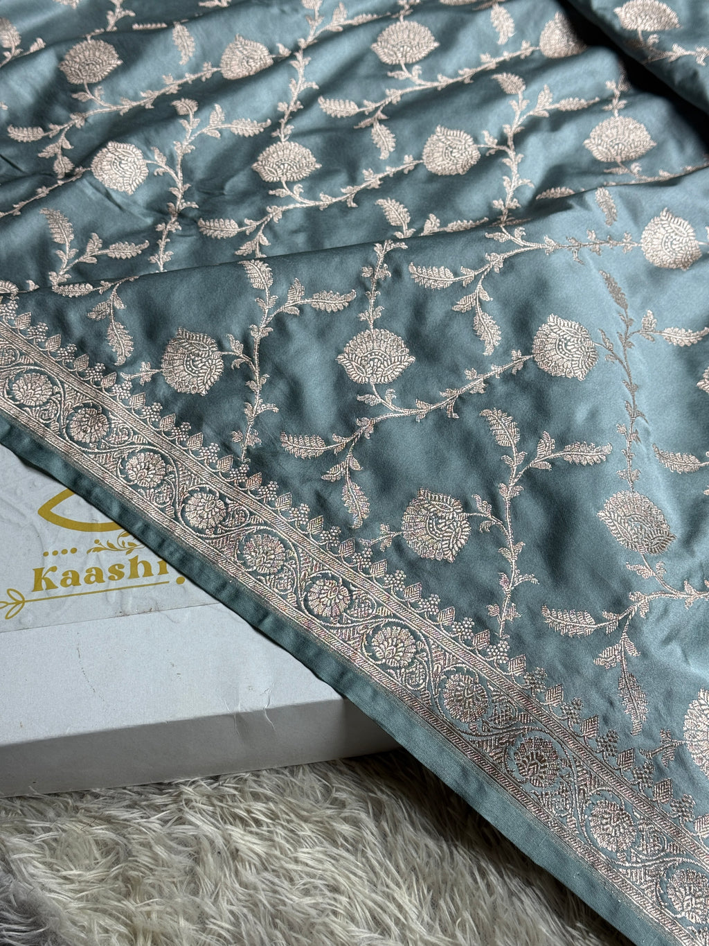 Grey Banarasi Mashru Silk Saree | Satin Finish | Jaal Woven Pattern | Running Blouse MKS228