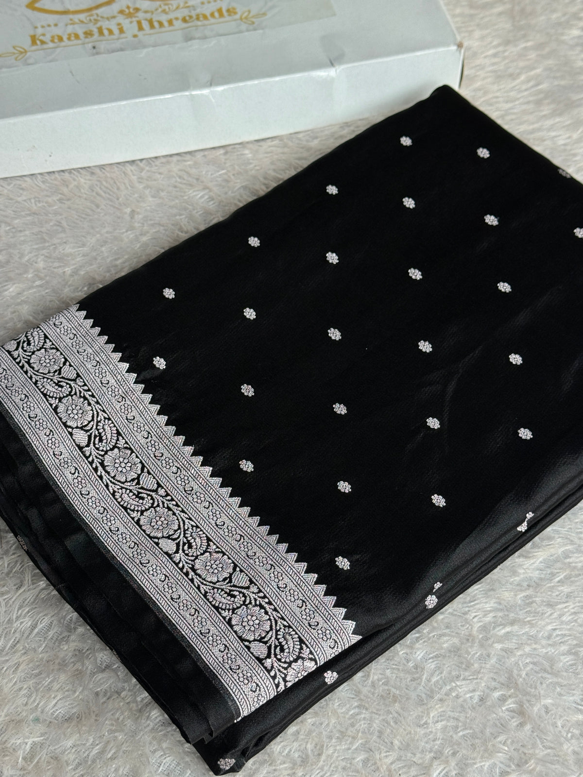 Elegant Black Banarasi Mashru Silk Saree with All-Over Buta Weave & Rich Zari Pallu | MKS818