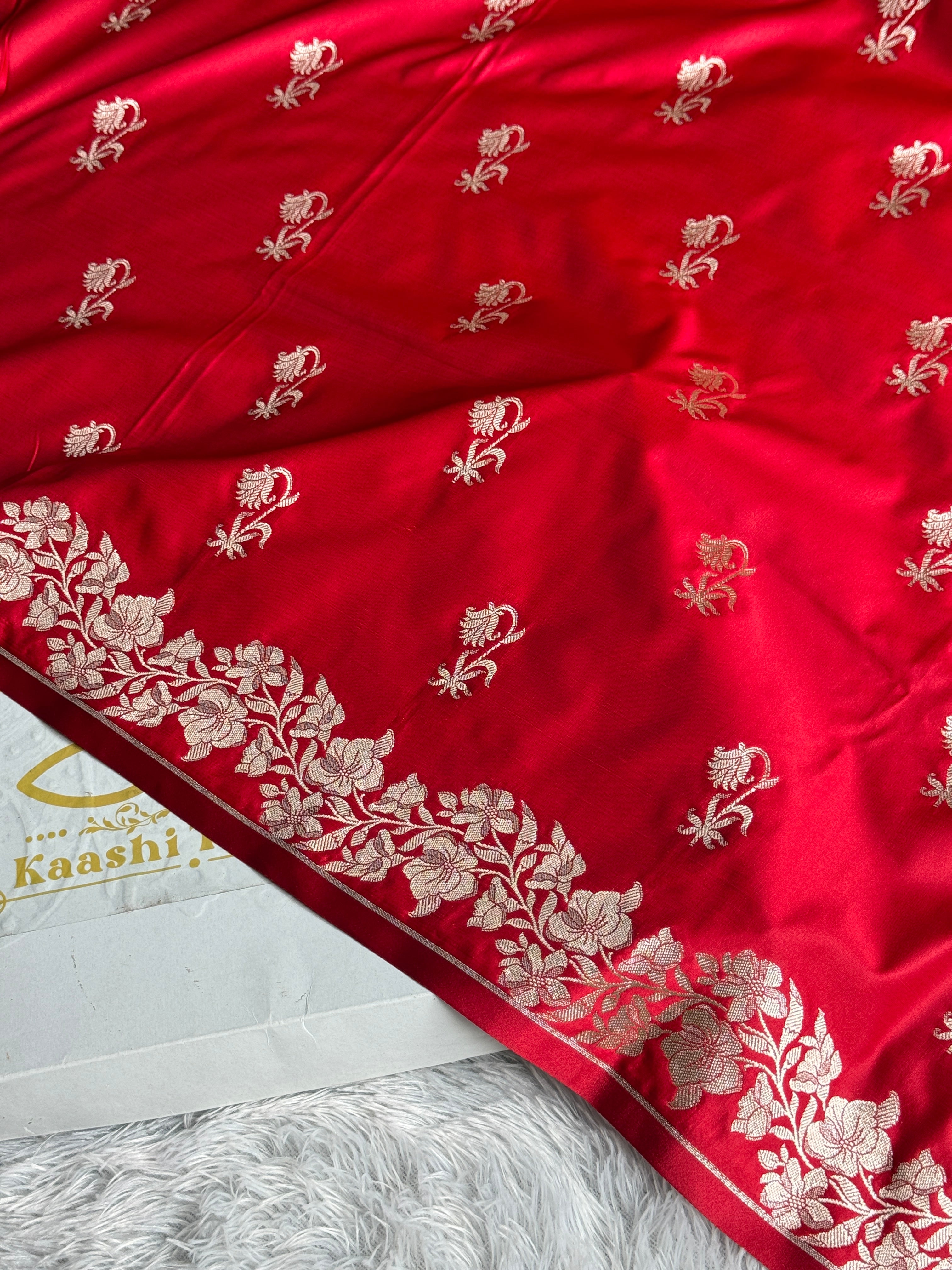 Red Mashru Kataan Silk Banarasi Saree with Buta Woven Design | Kaashi Threads (MKS522)