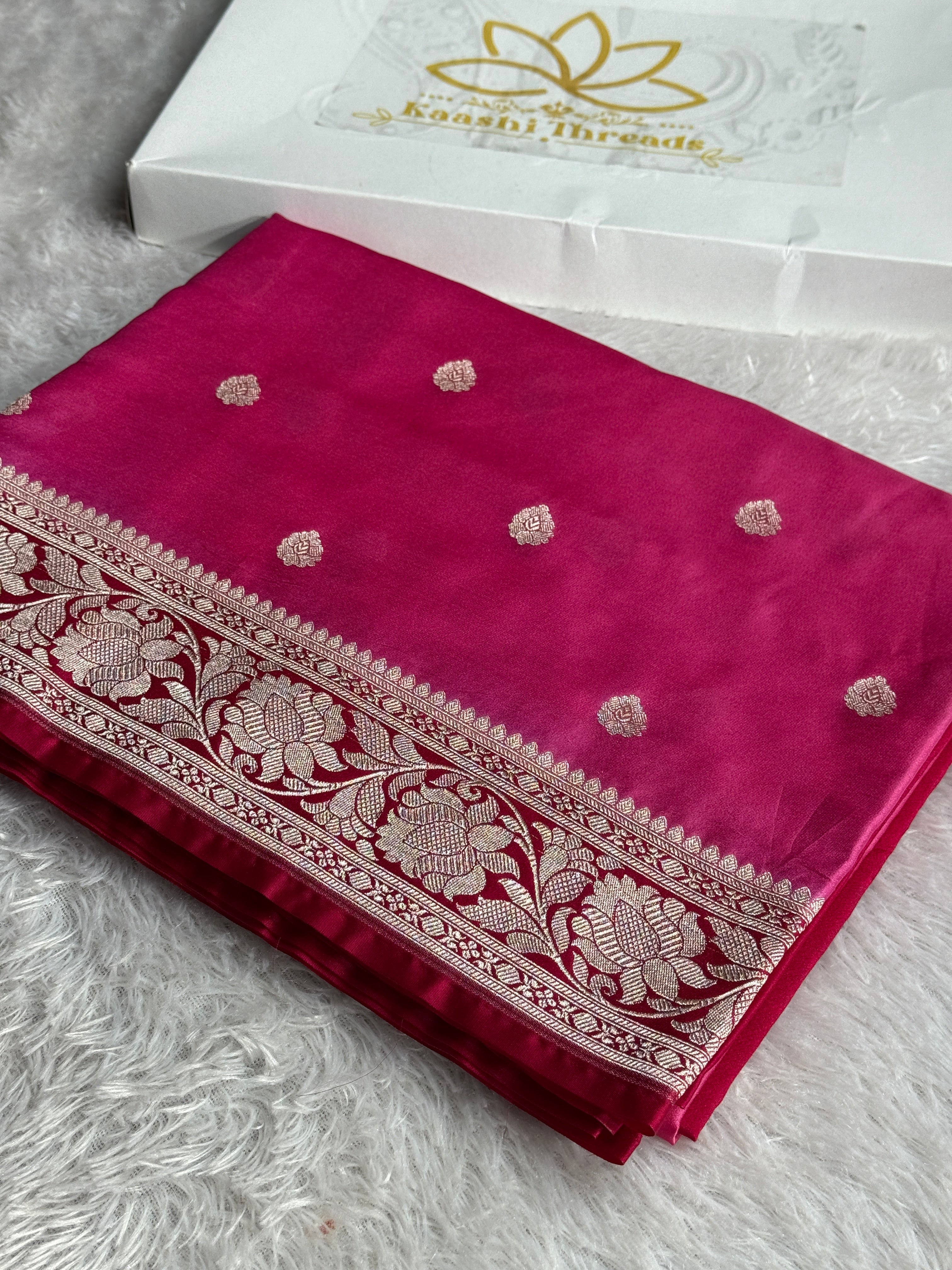 Pink Banarasi Mashru Silk Saree with Dark Pink Contrast and Jacquard Woven Buti Pattern MKS0113