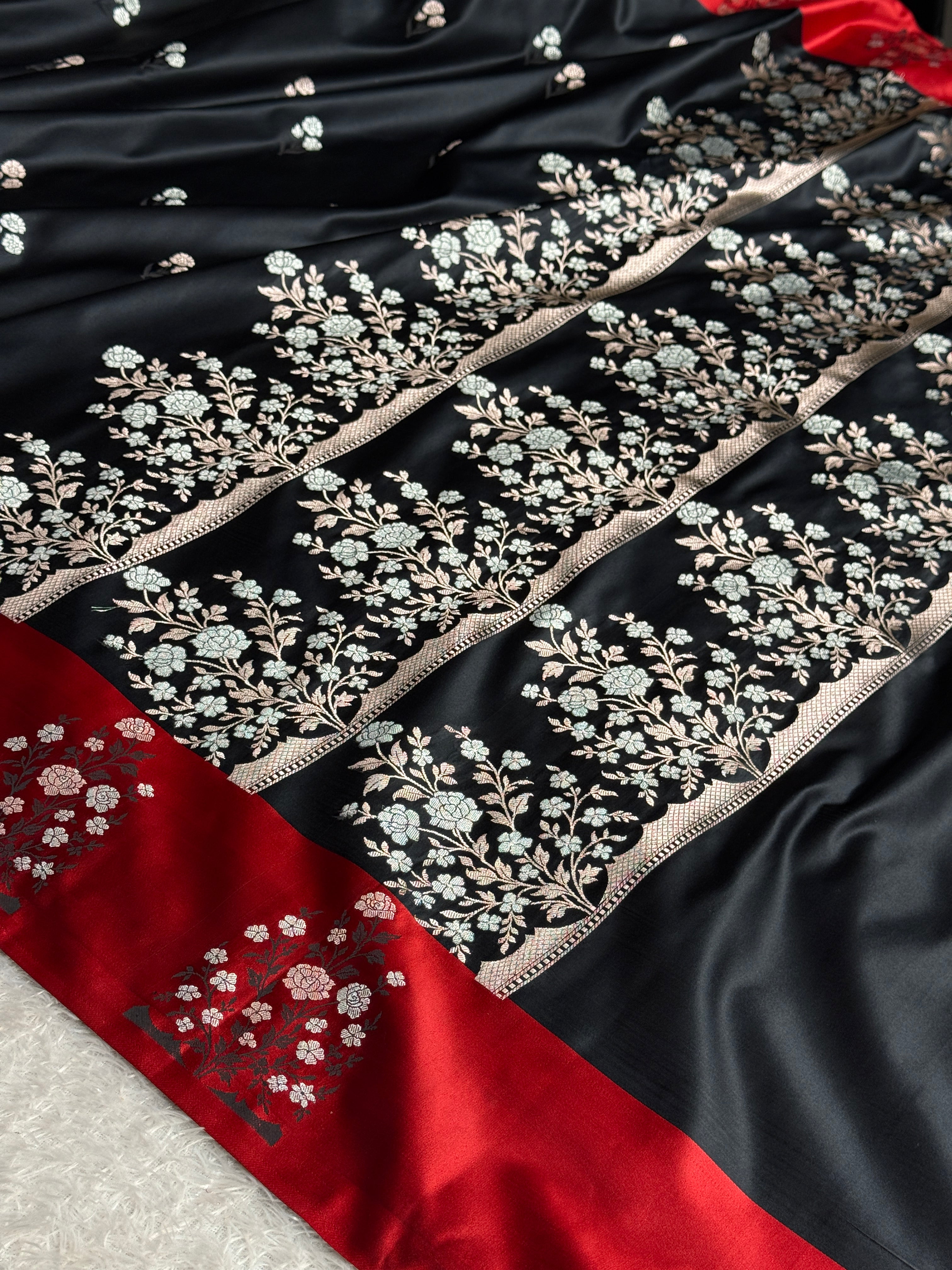 Black Mashru Kataan Silk Banarasi Saree with Red Saatan Patta Border | MKS721