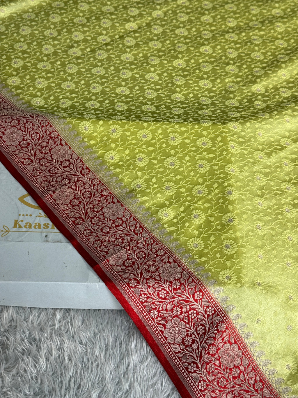 Lemon Yellow Mashru Kataan Silk Saree with Tanchhoi Zari Meenakari & Contrast Red Pallu | MKS811