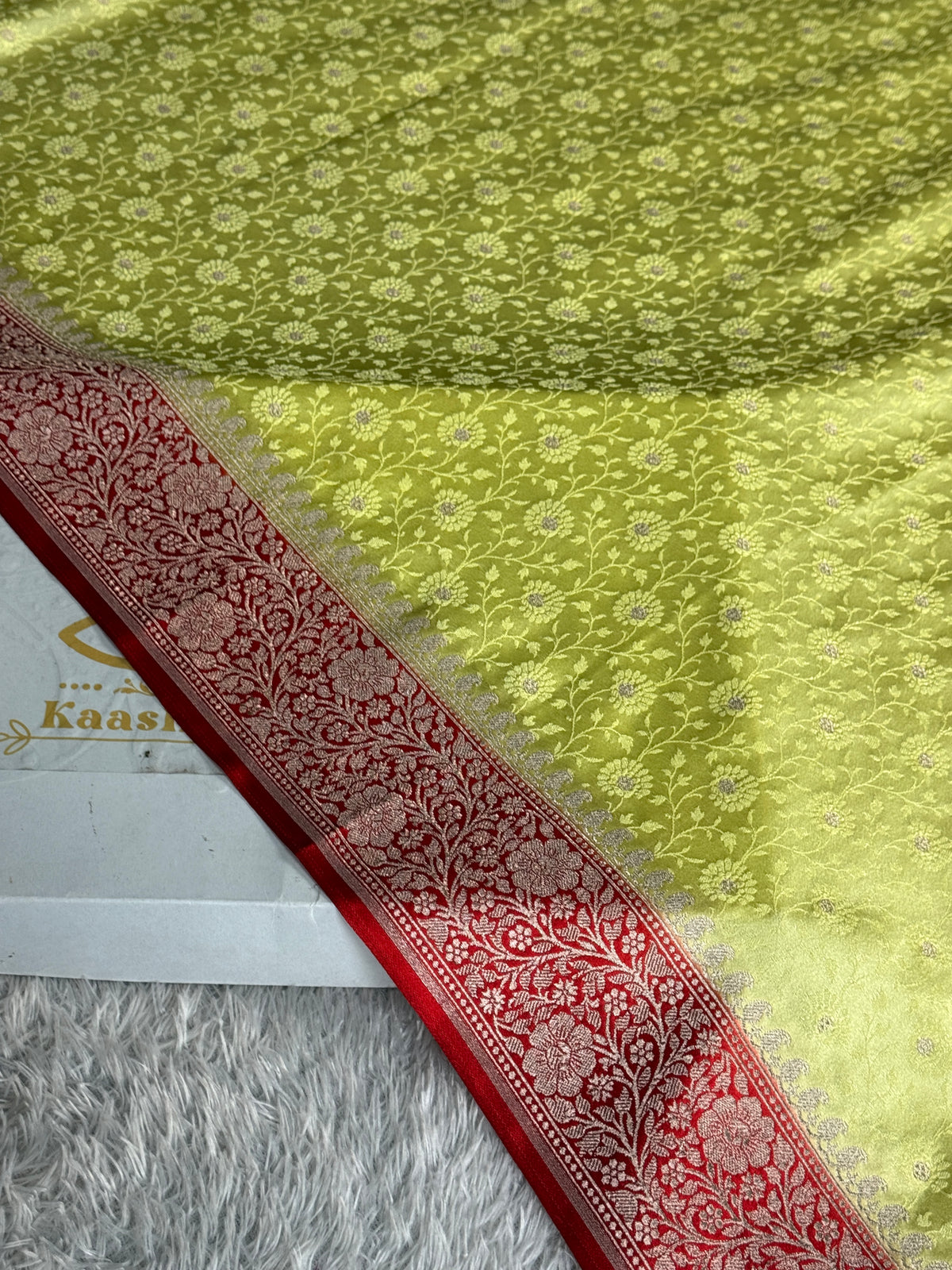 Lemon Yellow Mashru Kataan Silk Saree with Tanchhoi Zari Meenakari & Contrast Red Pallu | MKS811