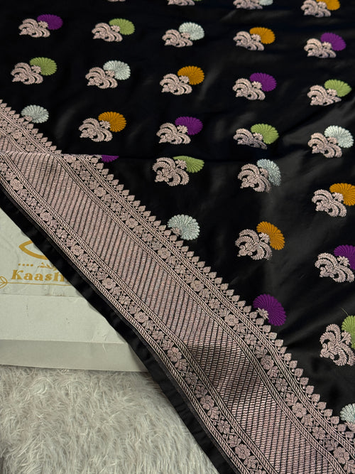 Authentic Banarasi Black Mashru Kataan Silk Saree with Meenakari Buta Weaving & Rich Zari Pallu – MKS705