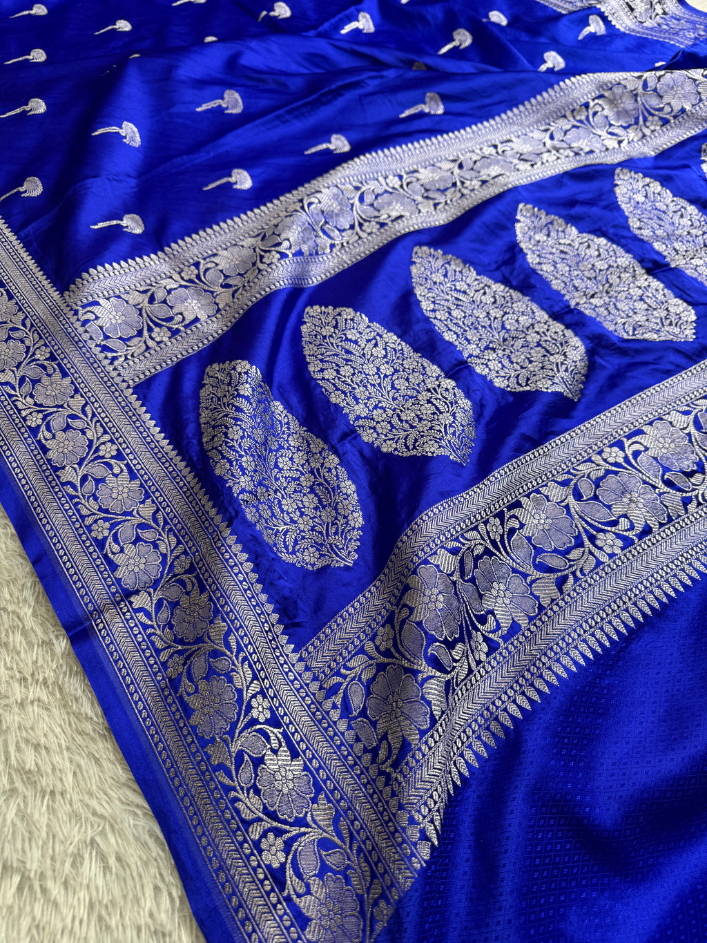 Royal Blue Banarasi Mashru Silk Saree with Jacquard Woven Floral Buta Design MKS097