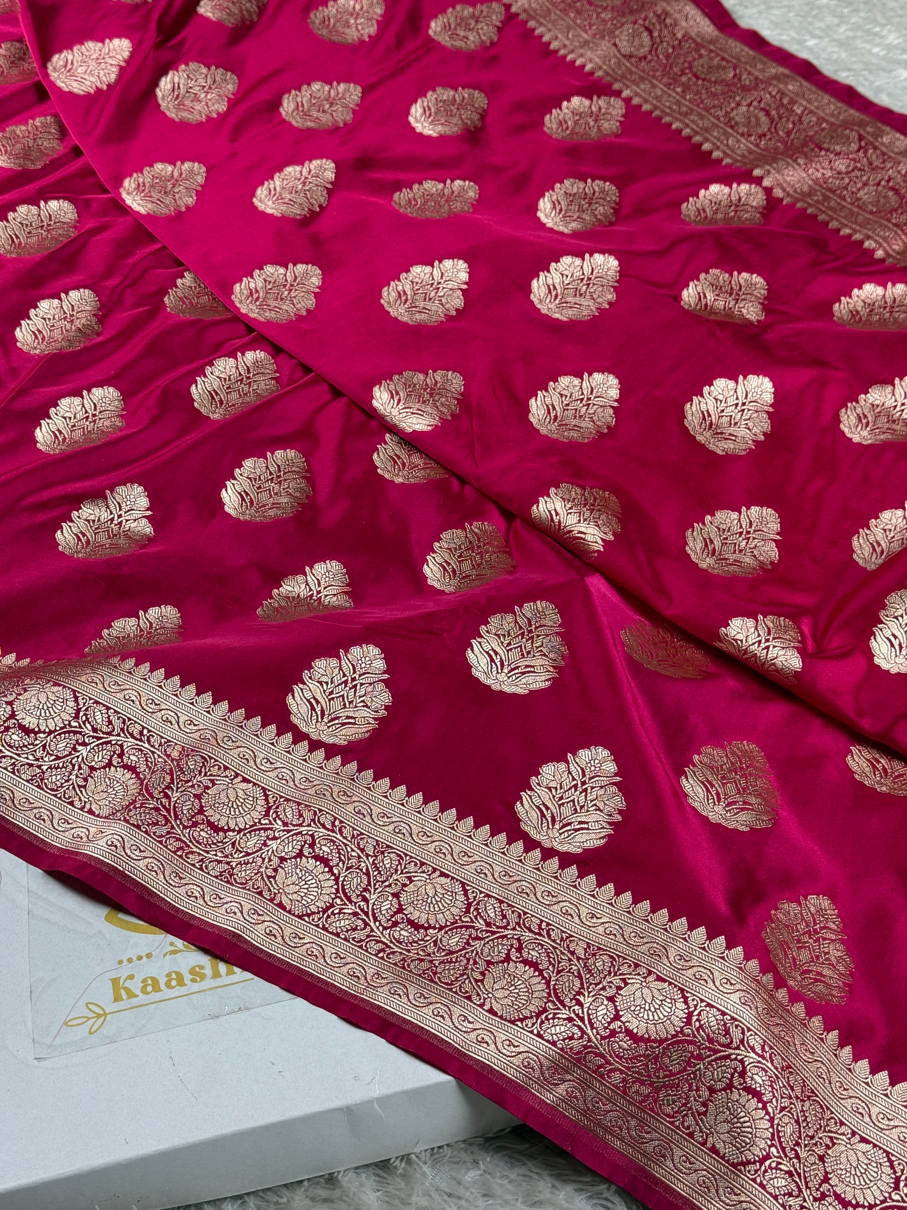 Reddish Pink Banarasi Satin Mashru Silk Saree with Buta Zari Weaving & Scalloped Border – MKS506