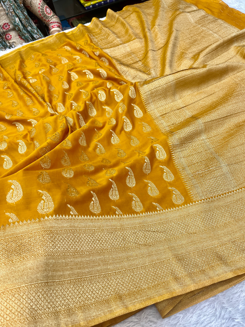 Chinon Silk Karry  Buta  Design Mustard color  Saree CN07
