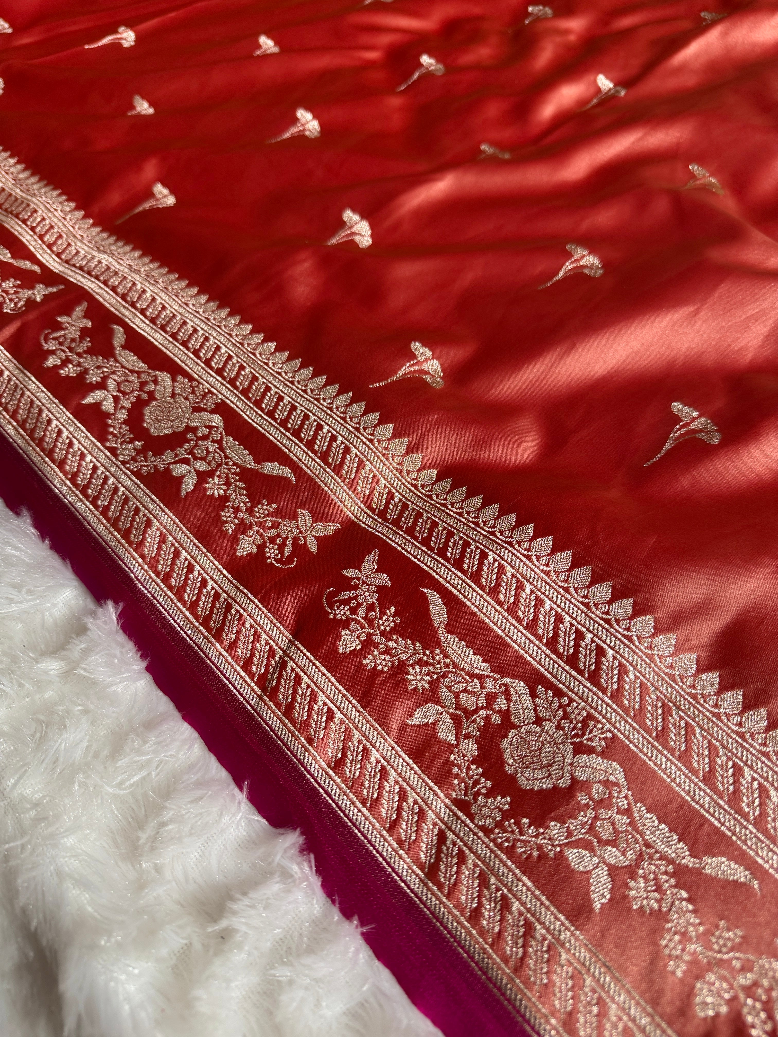 Peach Banarasi Mashru Silk Saree with Jacquard Woven Flower Buta & Rupa Sona Zari Highlights MKS086