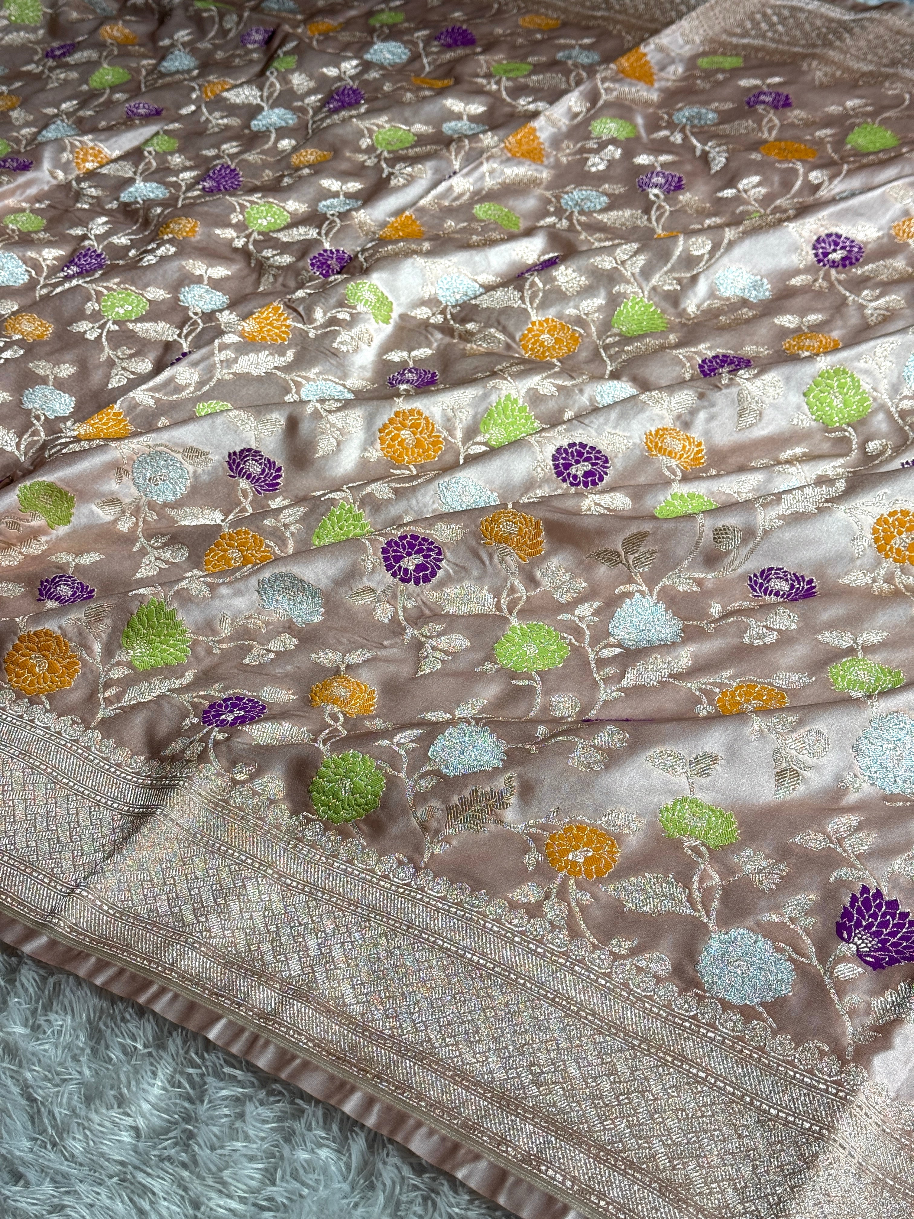 Blush Peach Mashru Kataan Silk Saree with Jaal Meenakari Weaving & Rich Zari Pallu – MKS517