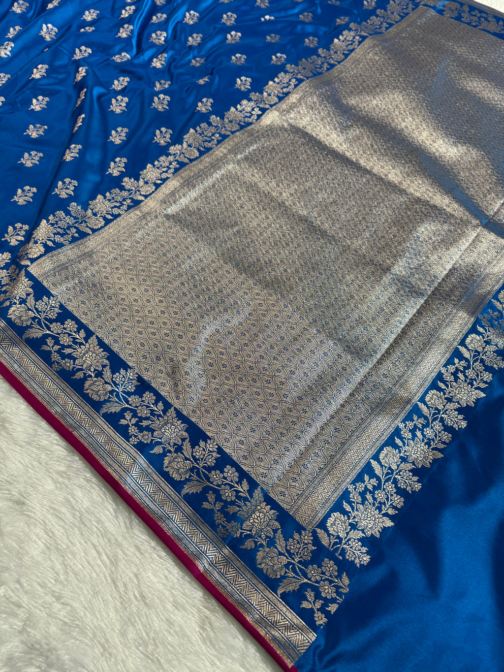 Peacock Banarasi Mashru Silk Saree with Leaf Buta Jacquard Woven Design