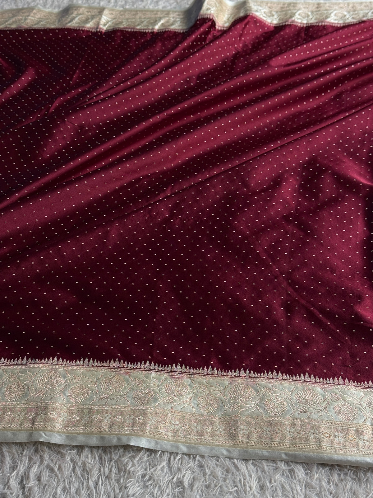Wine & Beige Mashru Saatan Silk Saree with Chunri Buti & Rich Zari Pallu – MKS836