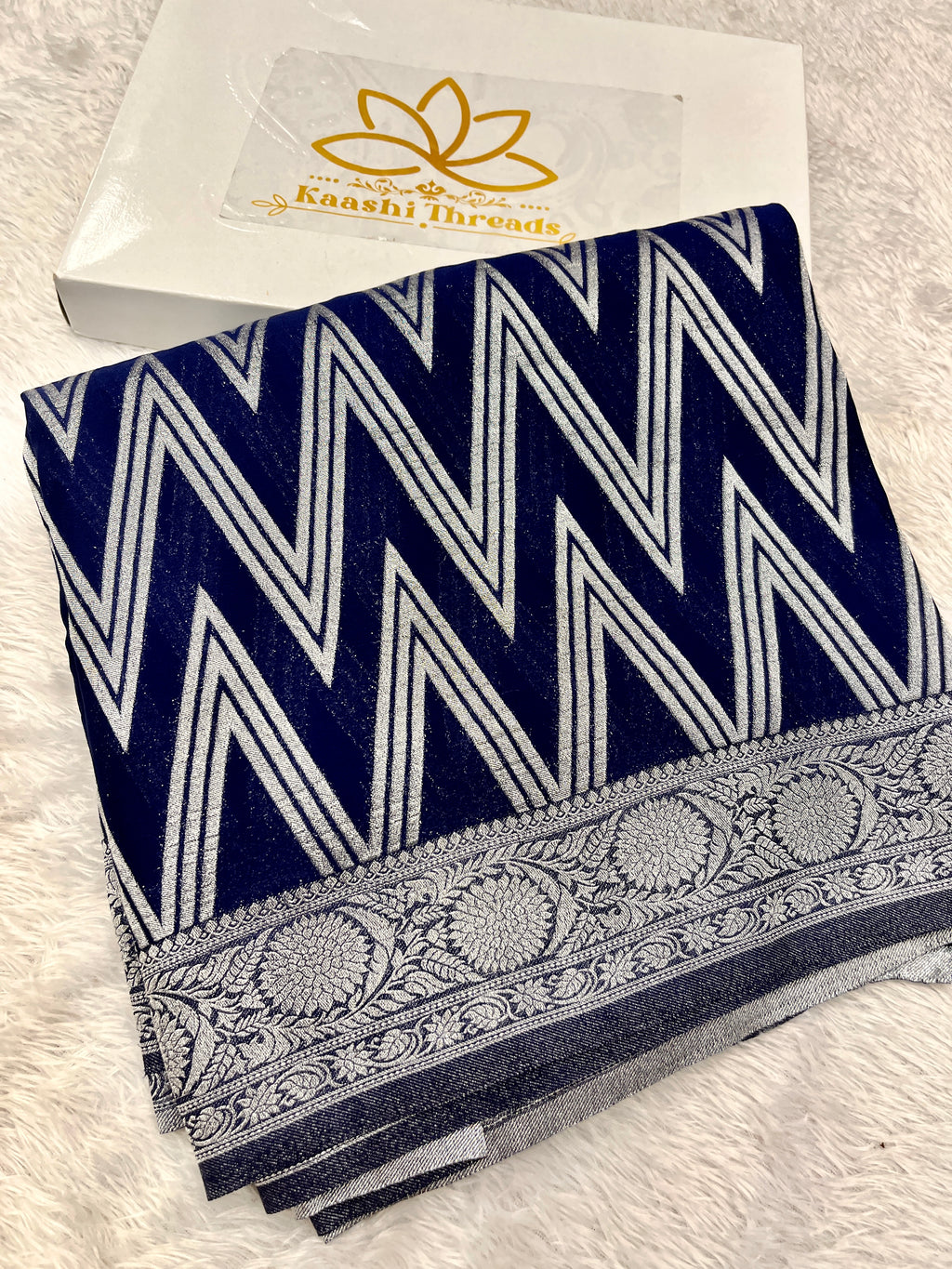 Chinon Silk Zig Zag Design Navy blue Color Saree CN09