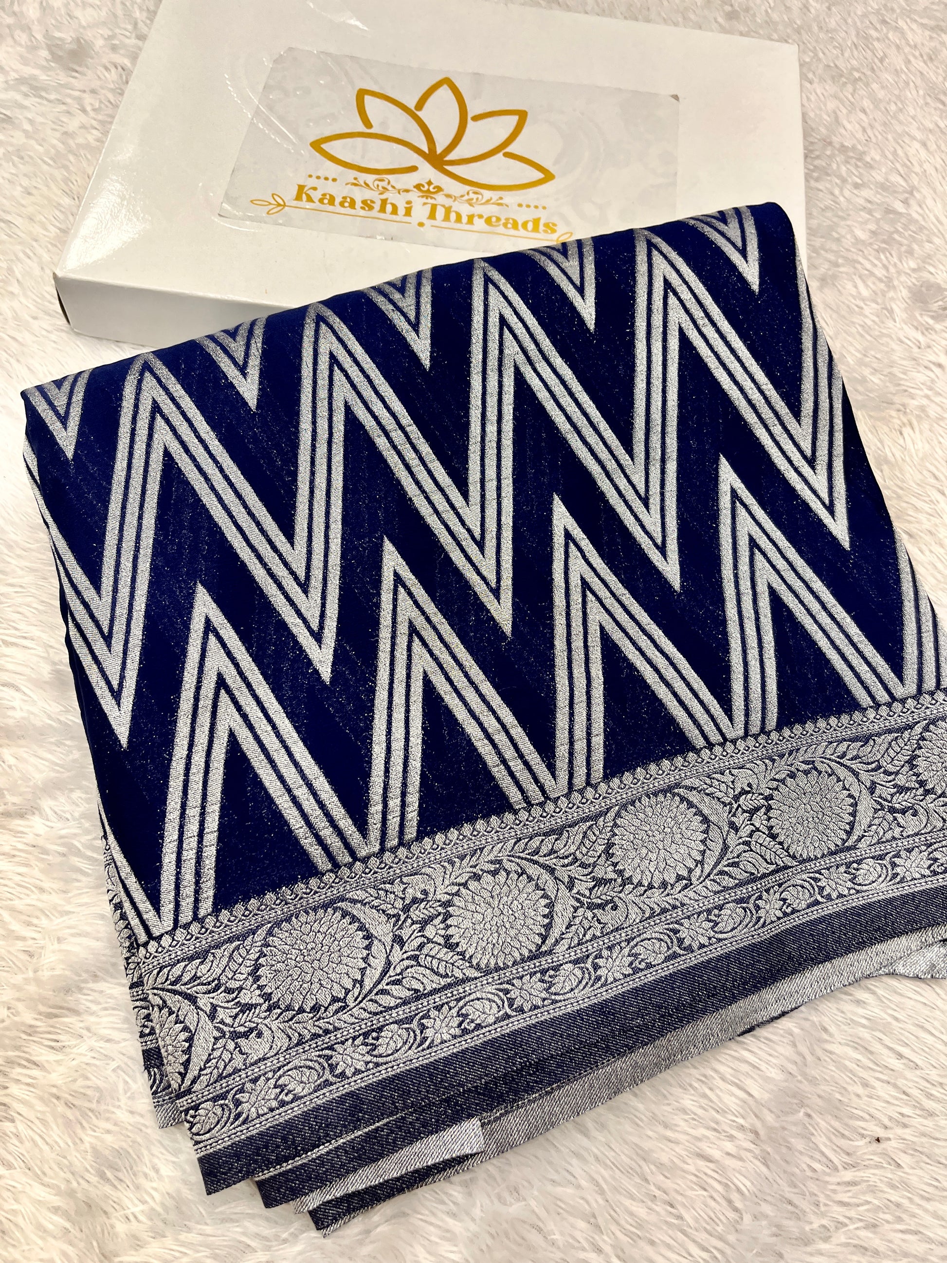 Chinon Silk Zig Zag Design Navy blue Color Saree CN09