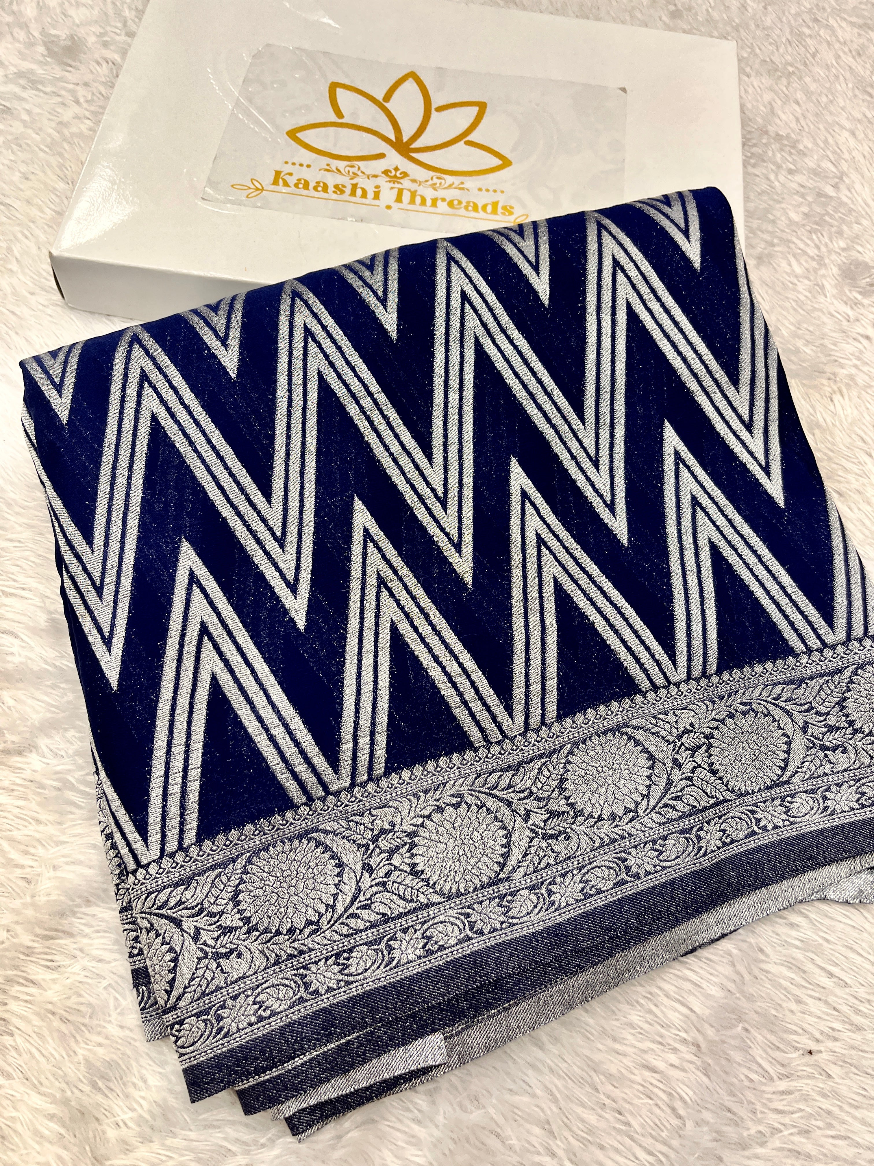 Chinon Silk Zig Zag Design Navy blue Color Saree CN09