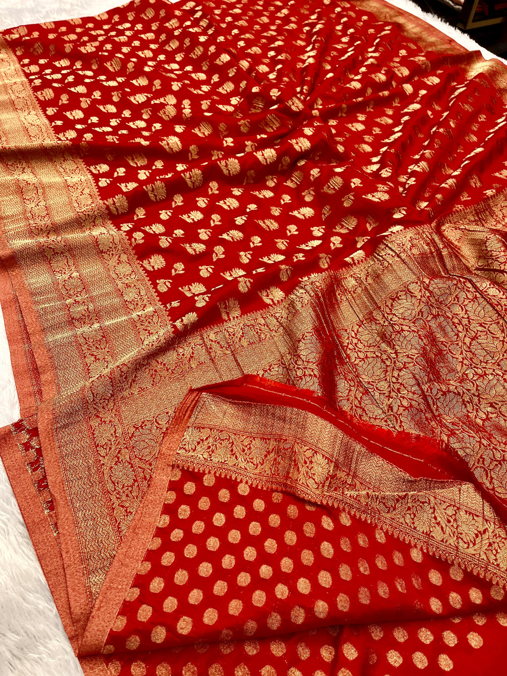 Chinon Silk Big small Buta  Design Red Color Saree CN06