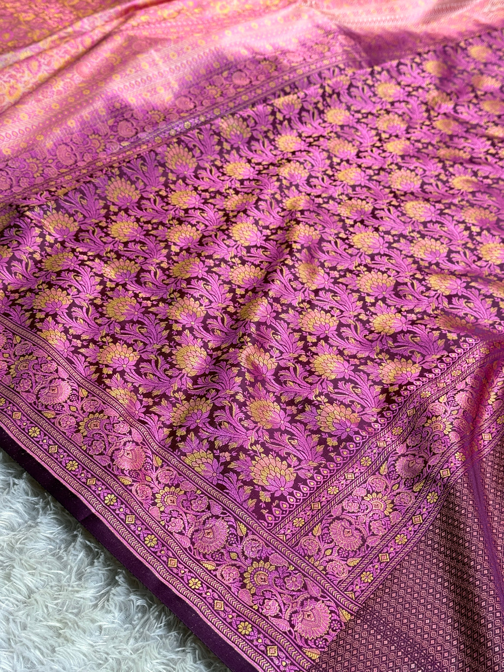 Beige with Dark Pink Banarasi Mashru Silk Saree with Jamawar Woven Design JMW11