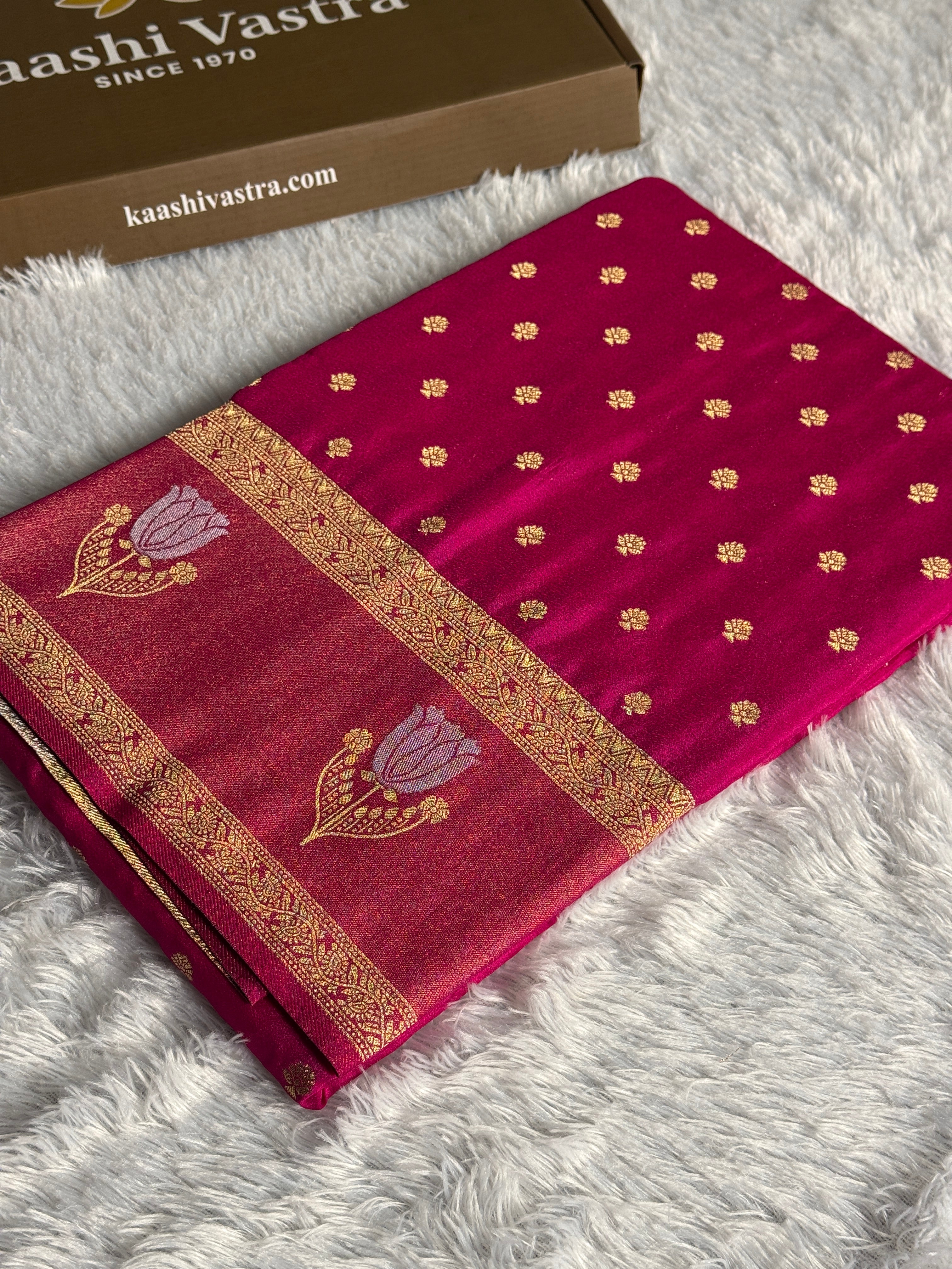 Product Title:
Rani Pink Semi Crepe Georgette Saree with All Over Buta Woven Design & Rich Zari Pallu | SS52