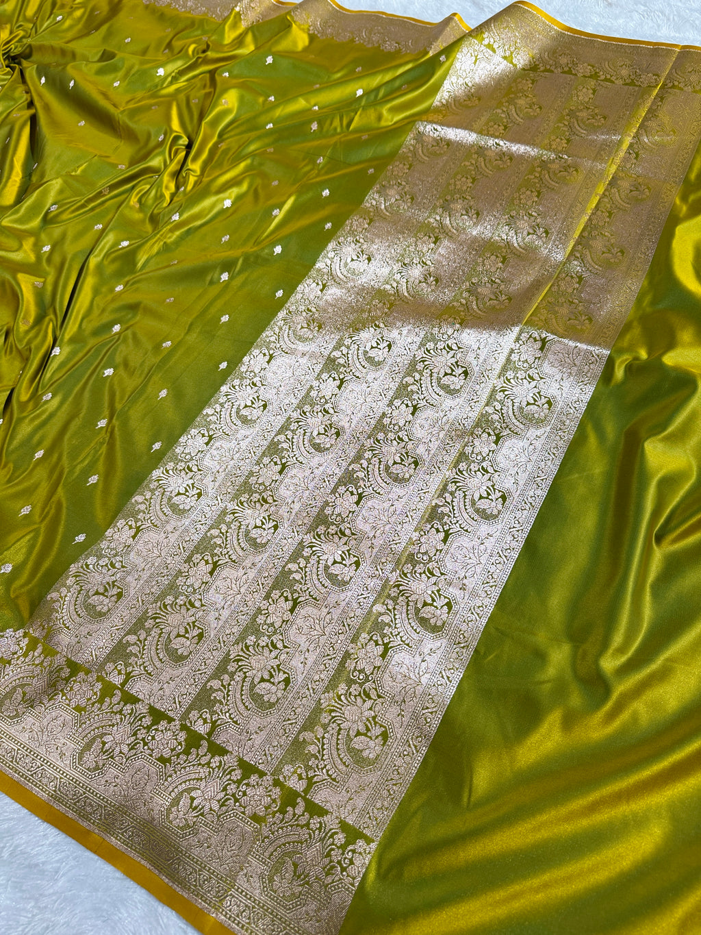 Lemon Banarasi Mashru Silk Saree with Jacquard Woven Chunri Design MKS023