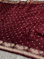 Royal Wine Mashru Kataan Silk Saree with Silver Zari Meenakari Jaal Weaving | MKS684