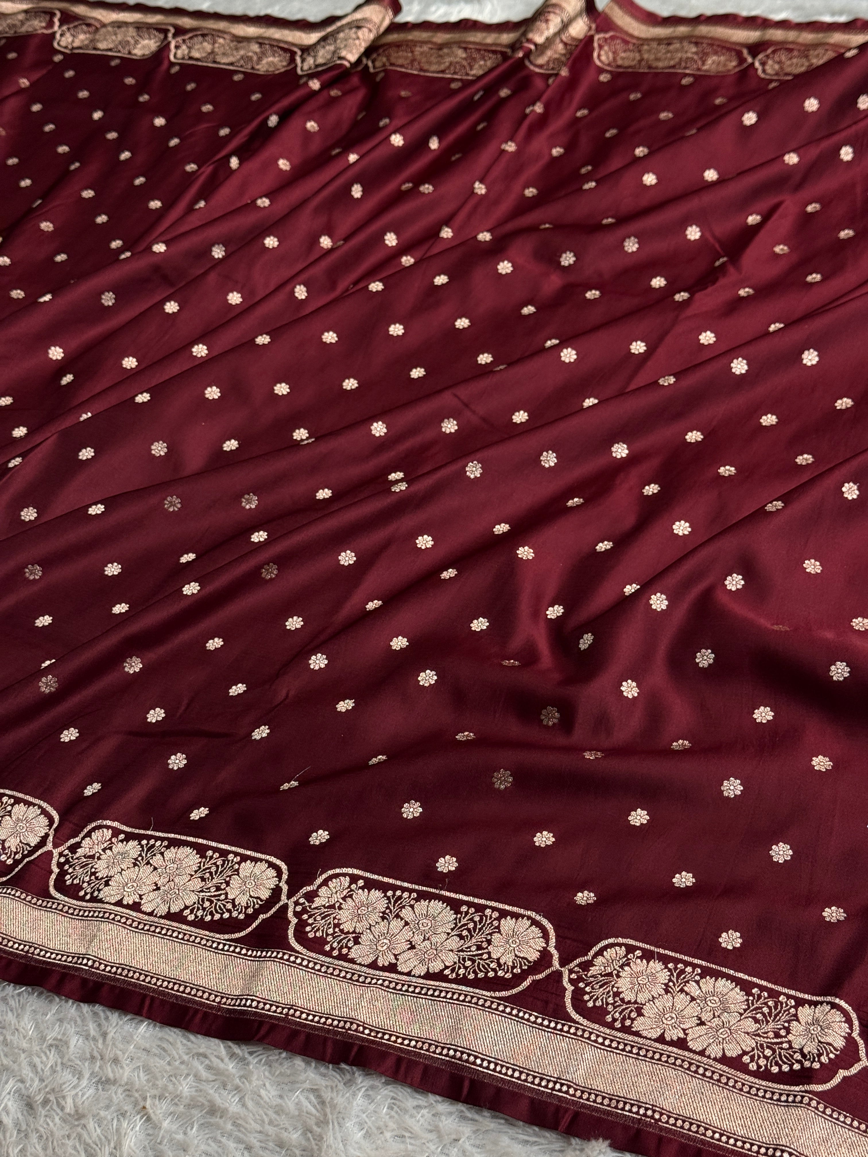 Royal Wine Mashru Kataan Silk Saree with Silver Zari Meenakari Jaal Weaving | MKS684