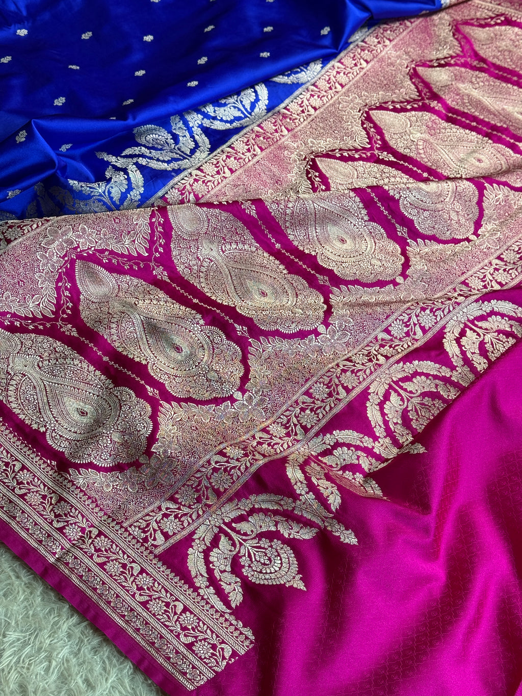 Royal Blue Mashru Kataan Silk Saree with Buta Woven Design & Rani Pink Contrast | MKS629