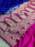 Royal Blue Mashru Kataan Silk Saree with Buta Woven Design & Rani Pink Contrast | MKS629