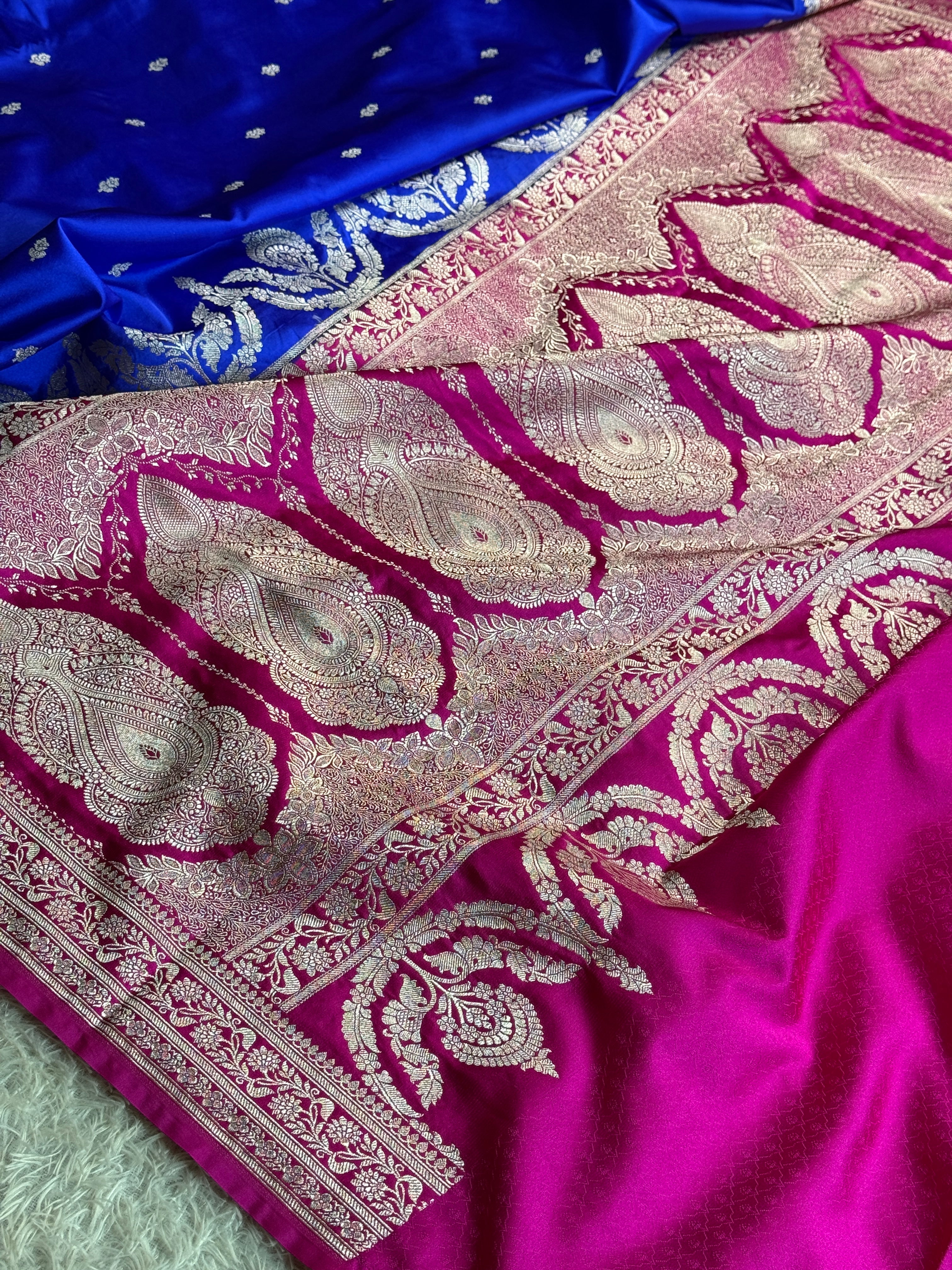 Royal Blue Mashru Kataan Silk Saree with Buta Woven Design & Rani Pink Contrast | MKS629