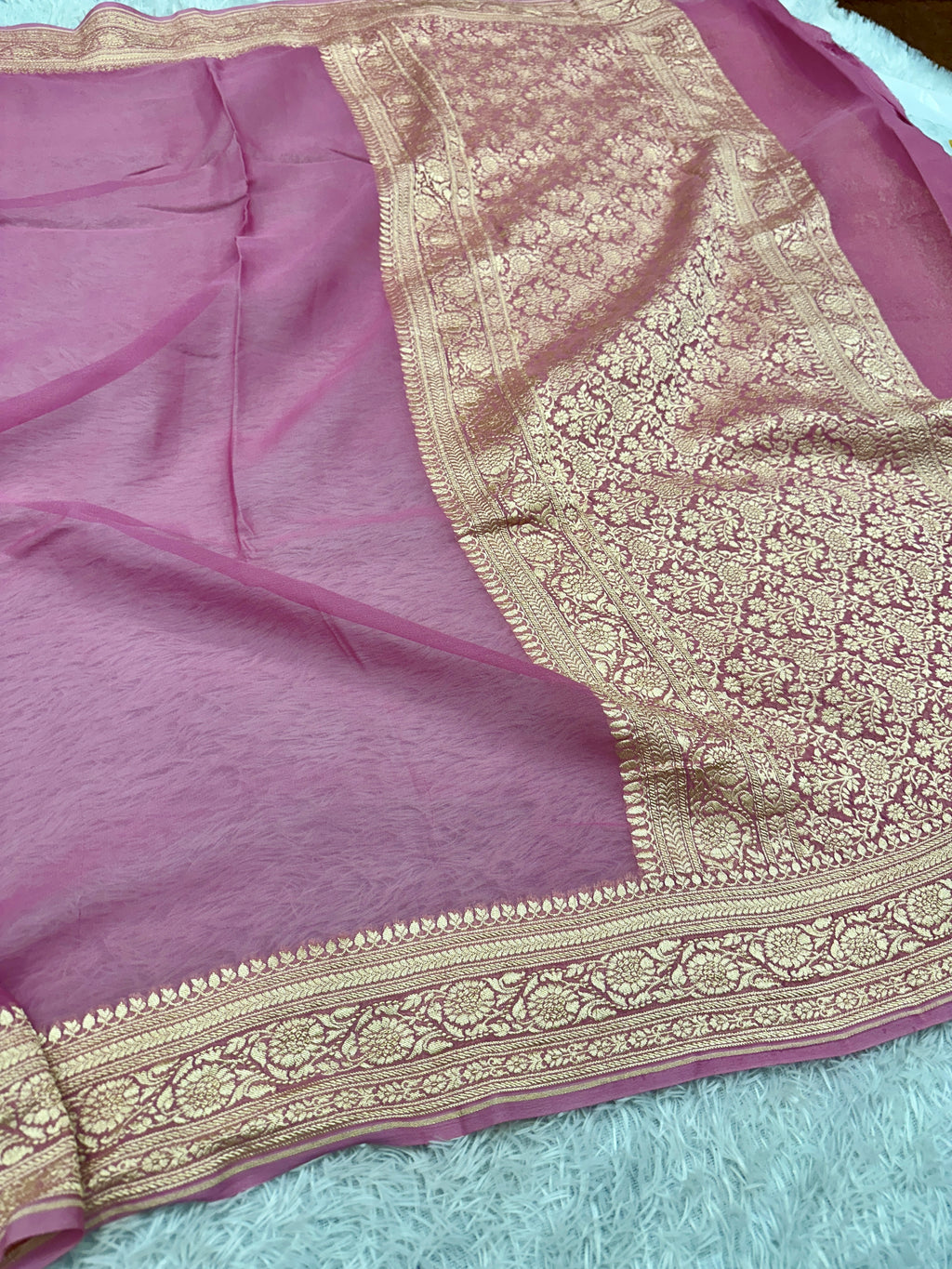 Pure Silk Georgette Strawberry Pink & Yellow Banarasi Saree with Nimzari Woven Border & Rich Zari Pallu