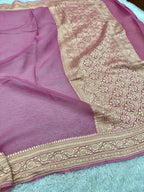 Pure Silk Georgette Strawberry Pink & Yellow Banarasi Saree with Nimzari Woven Border & Rich Zari Pallu